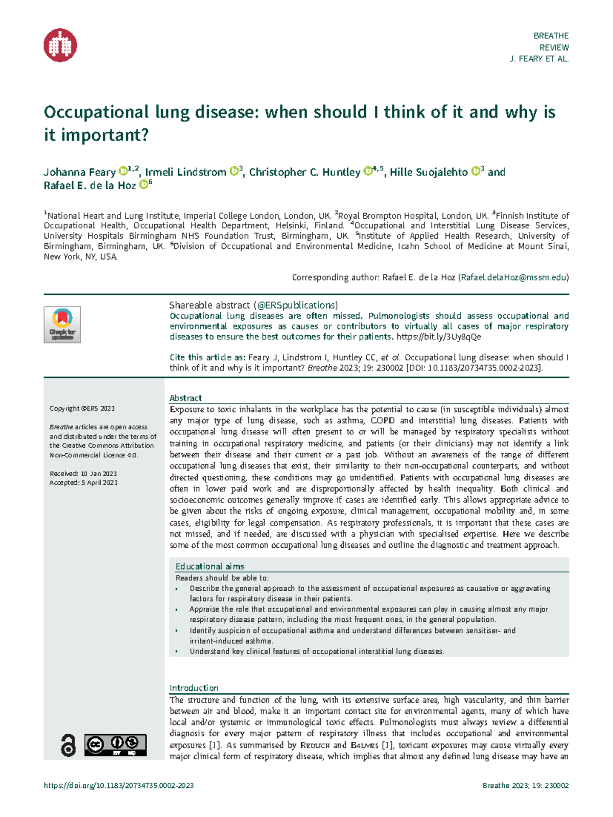 Articulo 1 SX Pulmonar - Occupational lung disease: when should I think ...