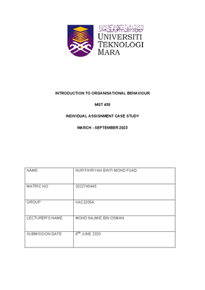 MGT430 Reflective Paper - Danial Bin Aiman - MGT INTRODUCTION TO ...