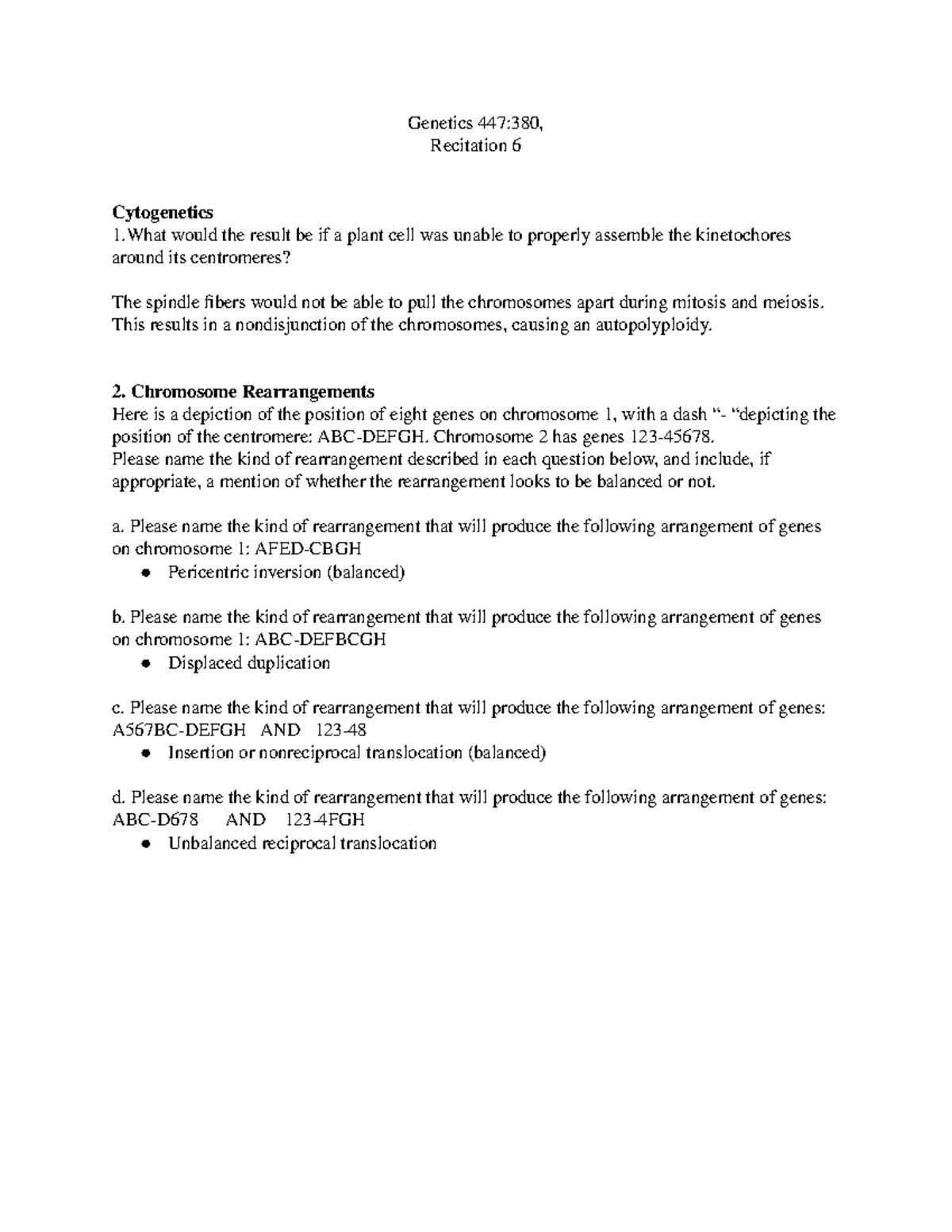 Recitation+6 Questions - Genetics 447:380, Recitation 6 Cytogenetics 1 ...