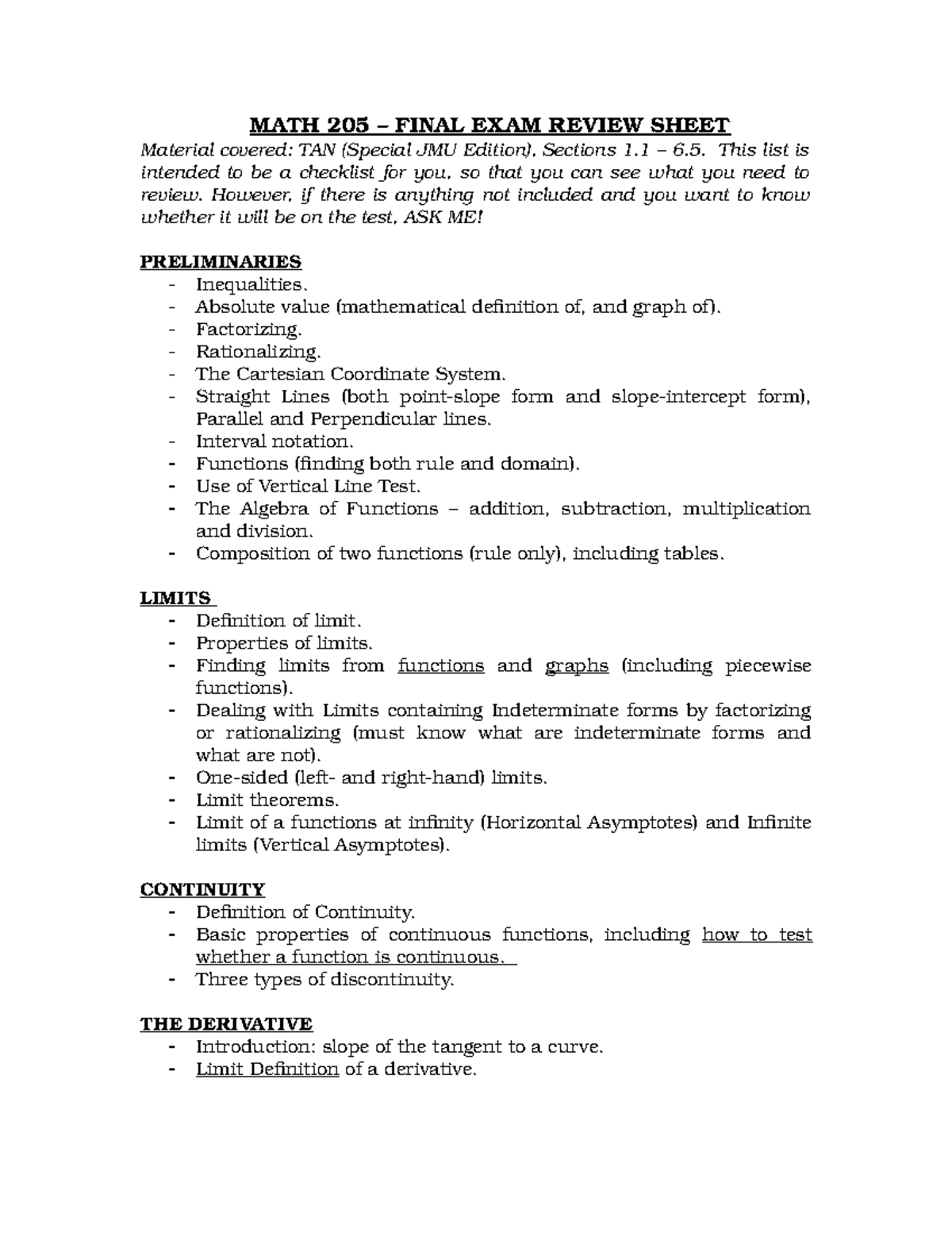 Final EXAM Review Sheet 2019 MATH 205 FINAL EXAM REVIEW SHEET