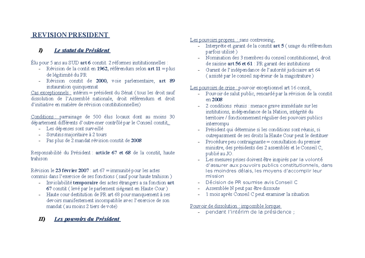 Revision President - fiche révision sur le Président de la République