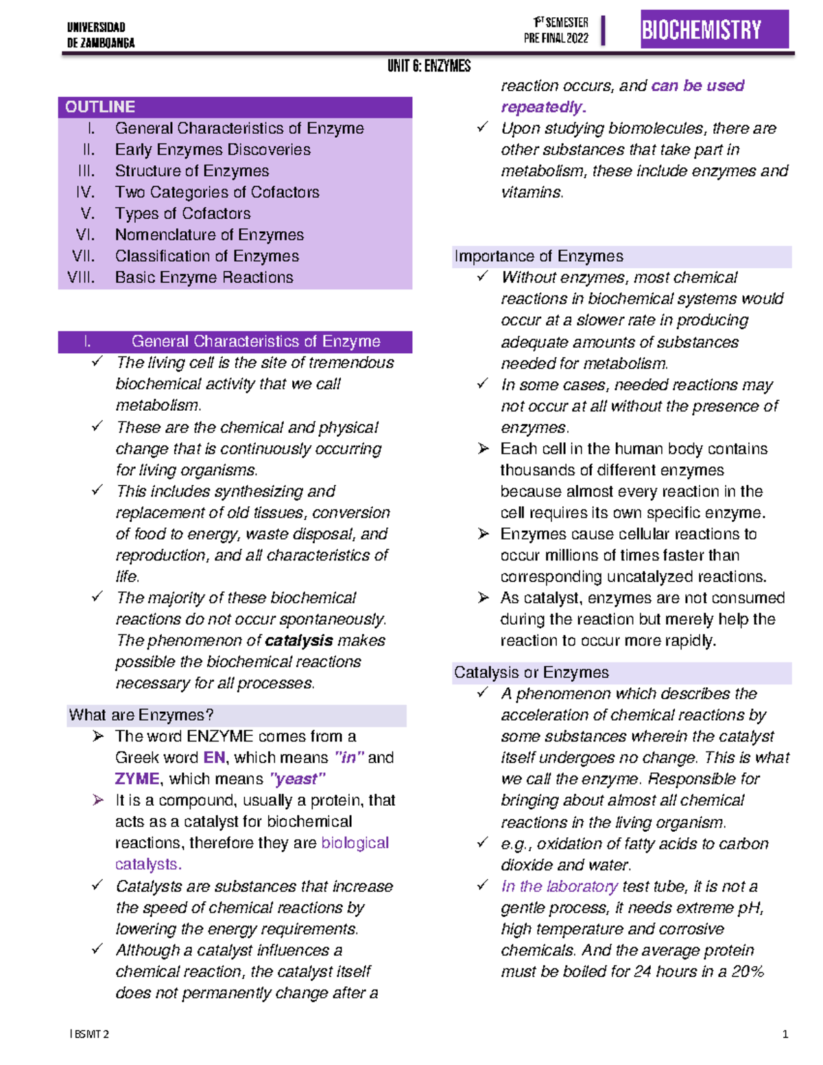 6 Lecture for enzymes BSMT 2 1 OUTLINE I. General Characteristics