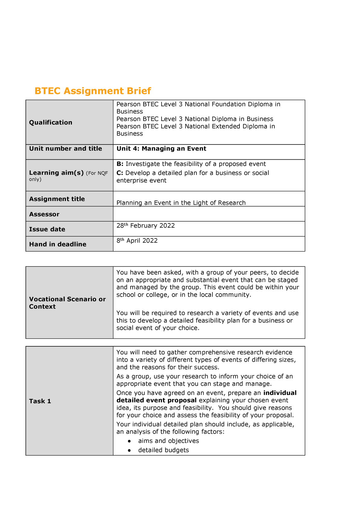 BTEC Business Unit 4 Managing An Event Assignment Brief 2 - BTEC ...