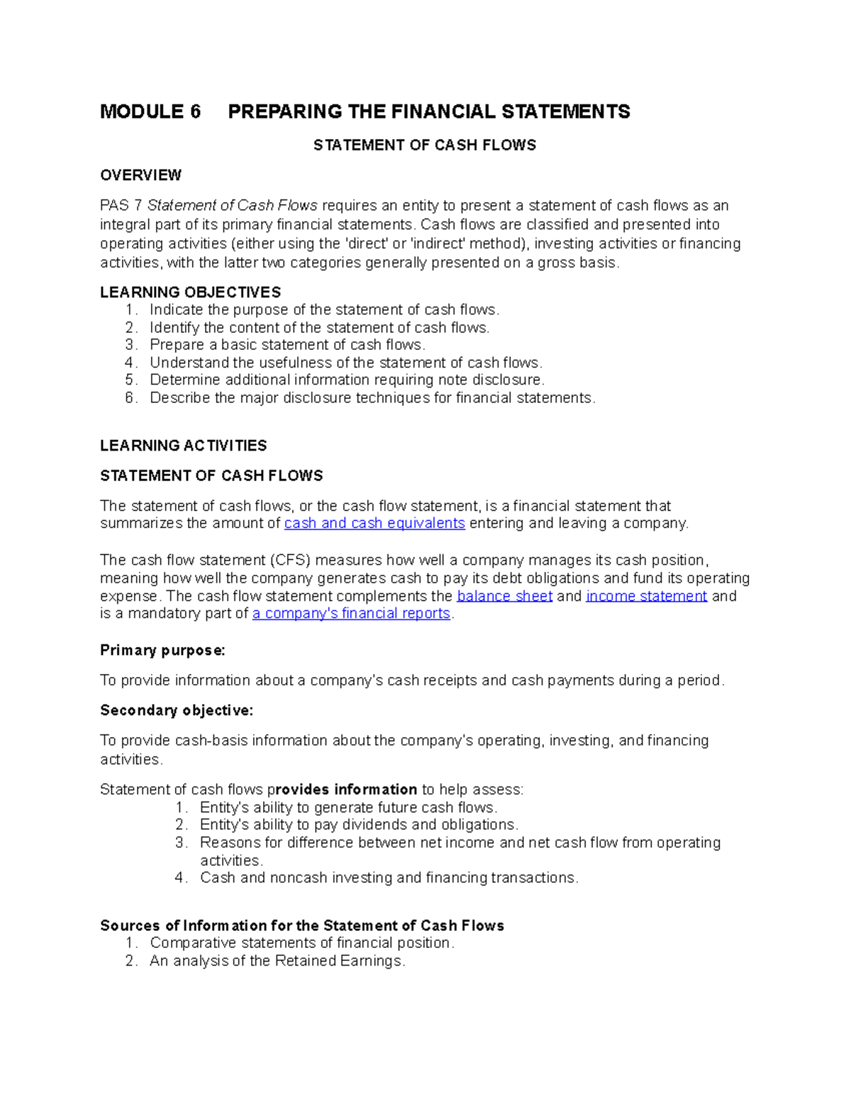 Module 6 Statement OF CASH Flows - MODULE 6 PREPARING THE FINANCIAL ...