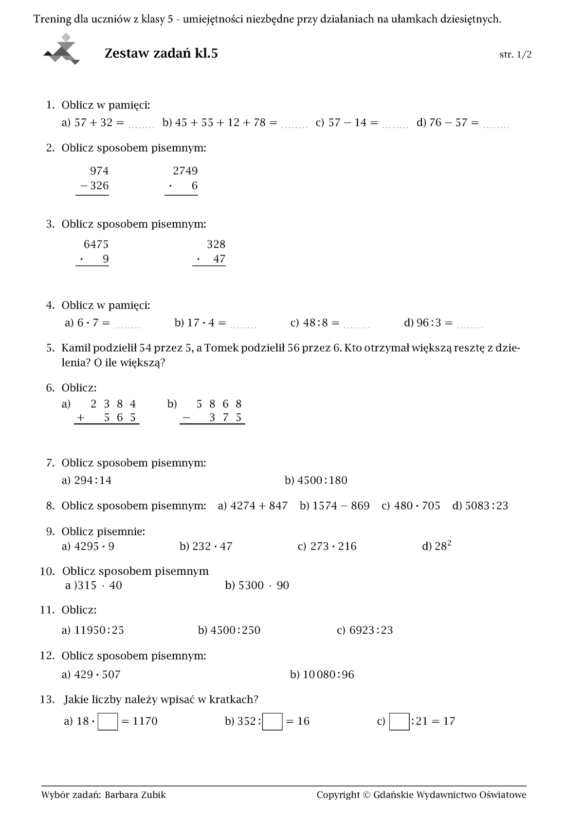 Klasa 5 Dzialania Pisemne 28555 - Zestaw Zadań Kl Str. 1/ Oblicz W ...