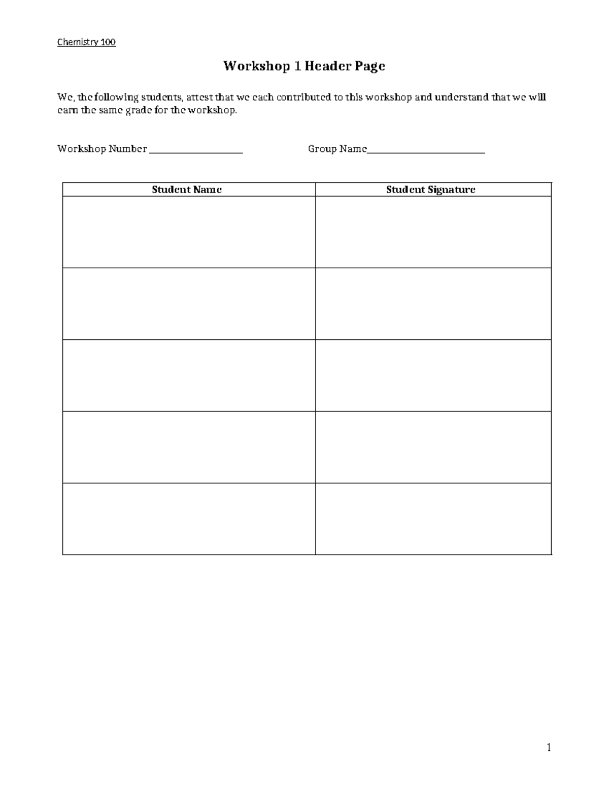 Wk #1 Chemistry Math and Conversions - Workshop 1 Header Page We, the ...
