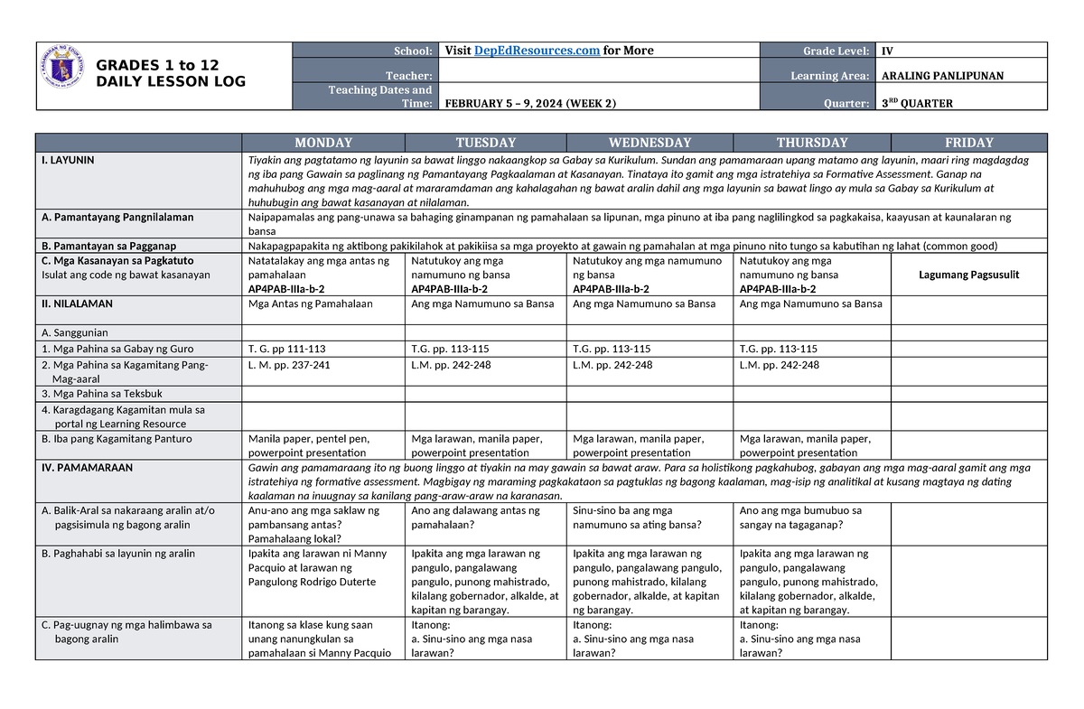 DLL Araling Panlipunan 4 Q3 W2 - GRADES 1 To 12 DAILY LESSON LOG School ...