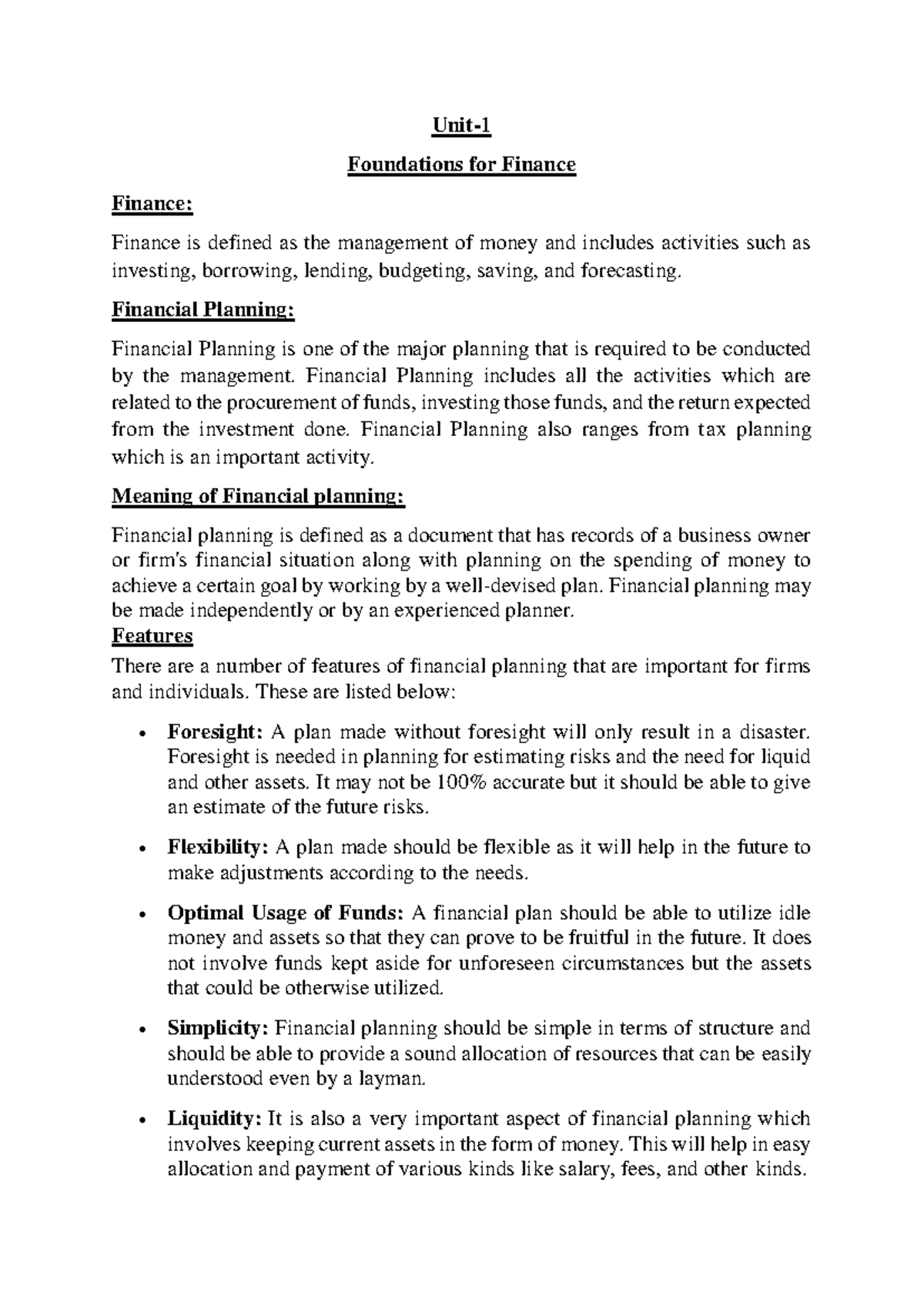 Unit-1 Foundation for finance - Unit- 1 Foundations for Finance Finance ...