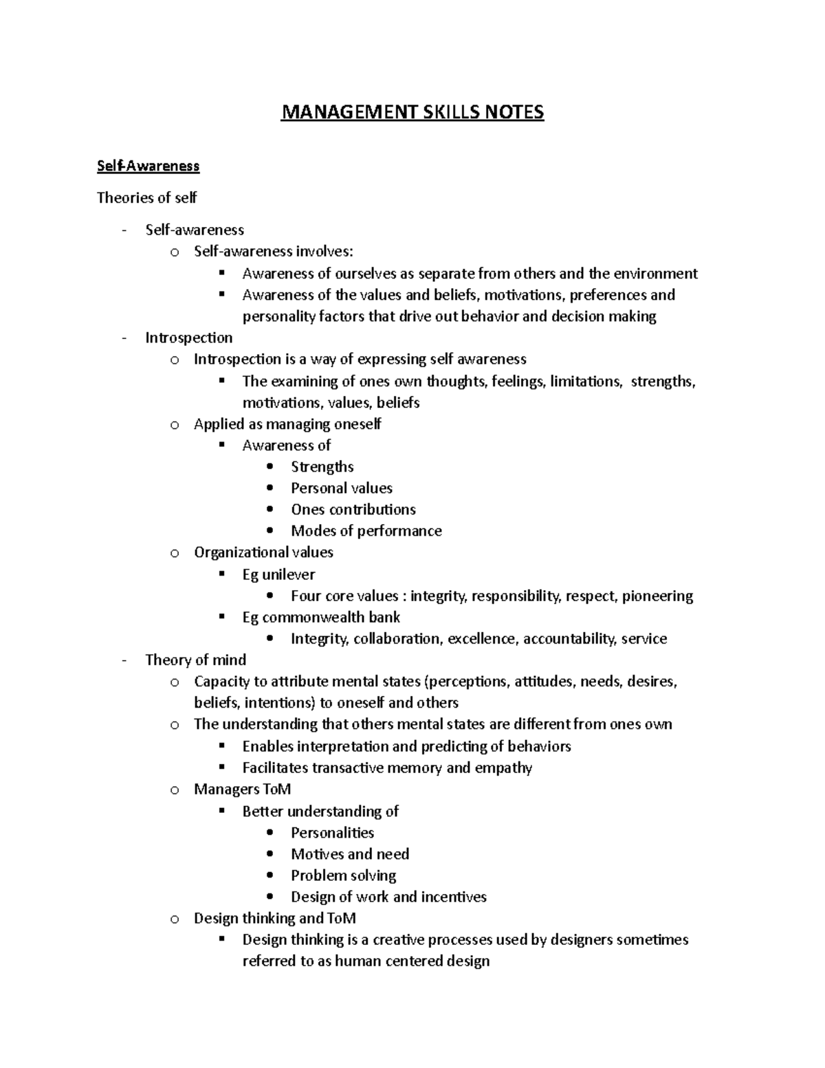 Management Skills Notes - MANAGEMENT SKILLS NOTES Theories of self o ...