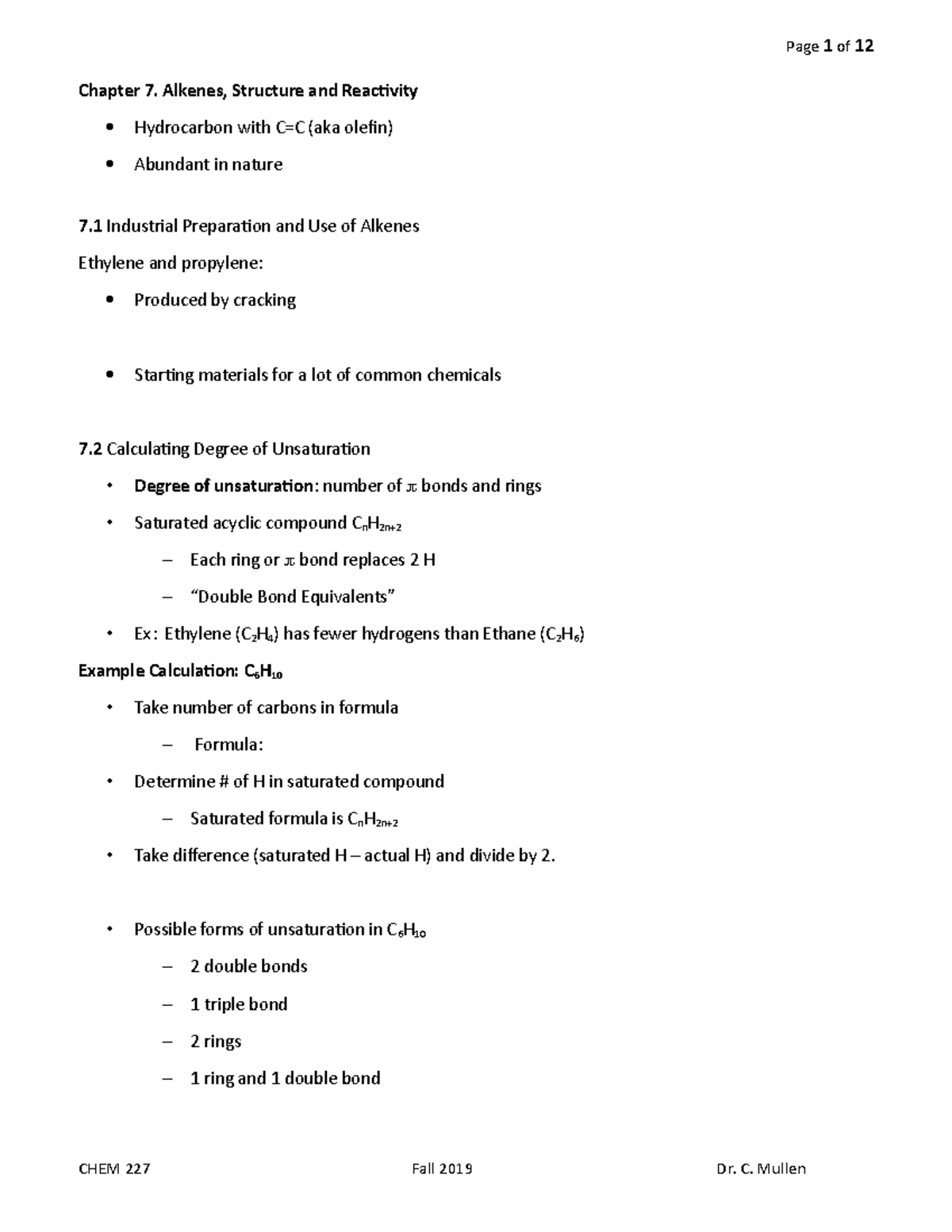 Organic Chemistry Chapter 7 Notes - Chapter 7. Alkenes, Structure and ...