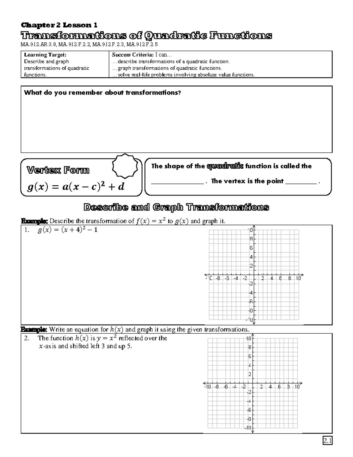 2.1 - Transformations of Quadratic Functions - 2. 1 Chapter 2 Lesson 1 ...