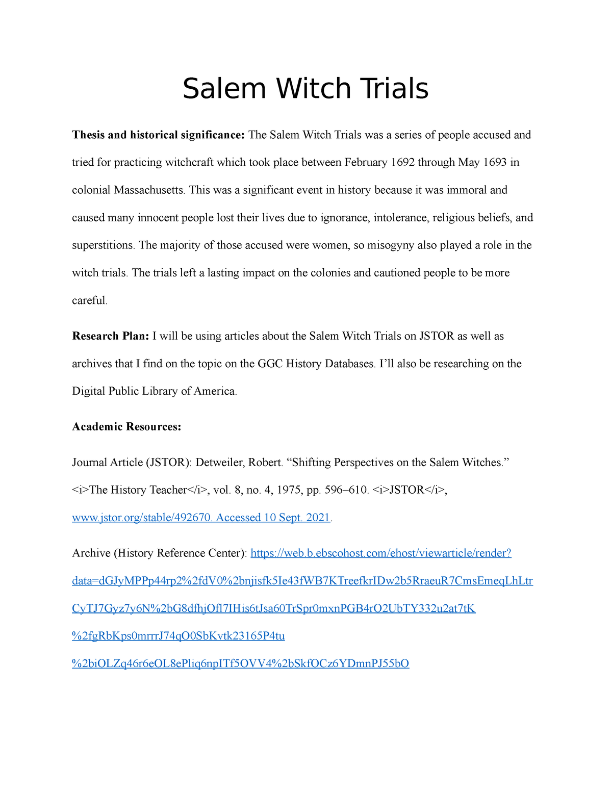 thesis statement about the salem witch trials