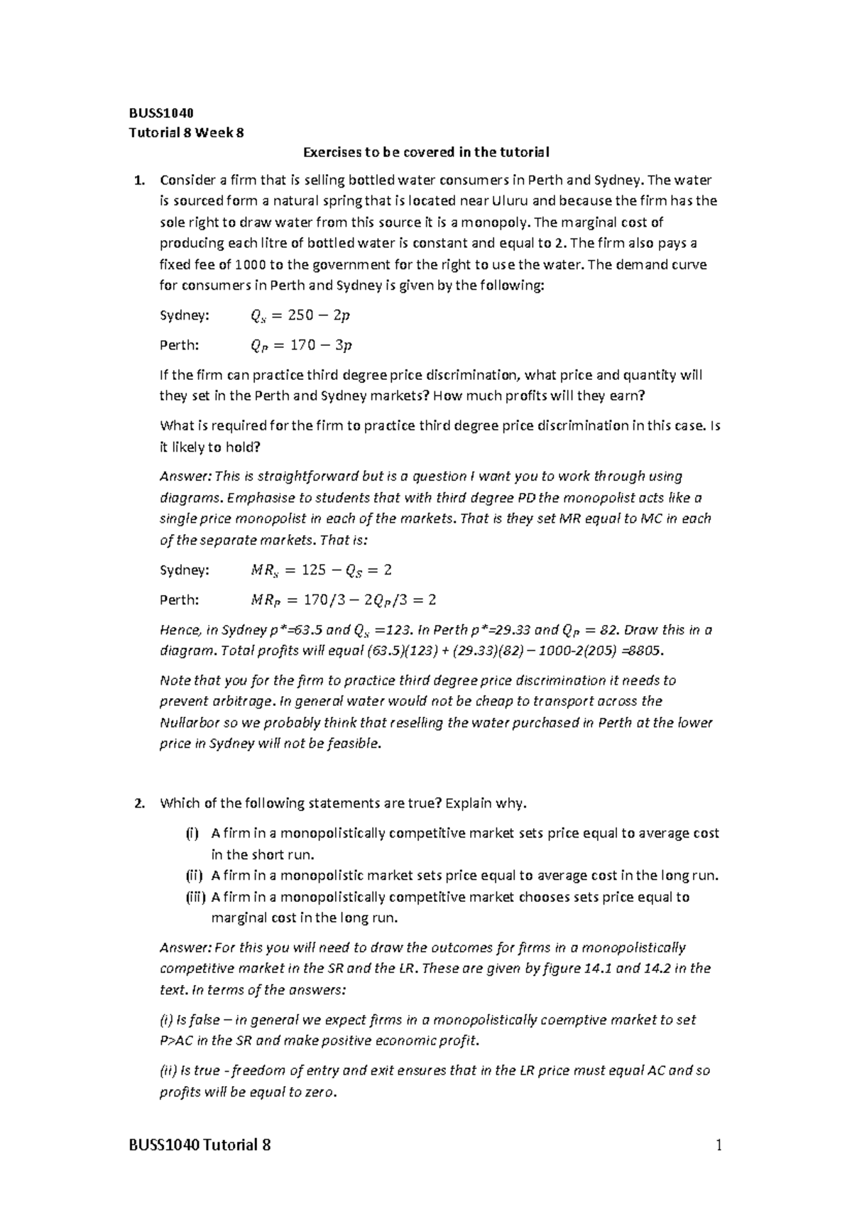 Tutorial 8 with answers - BUSS1040 Tutorial 8 Week 8 Exercises to be ...