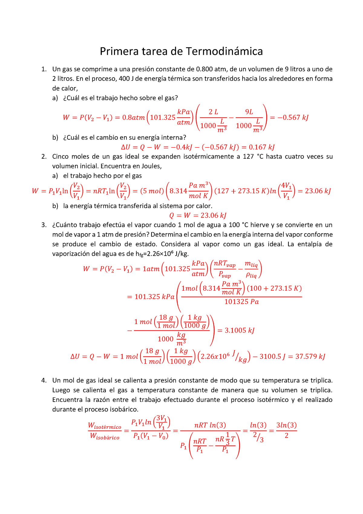 Tarea 1-solución - Primera Tarea De Termodinámica Un Gas Se Comprime A ...