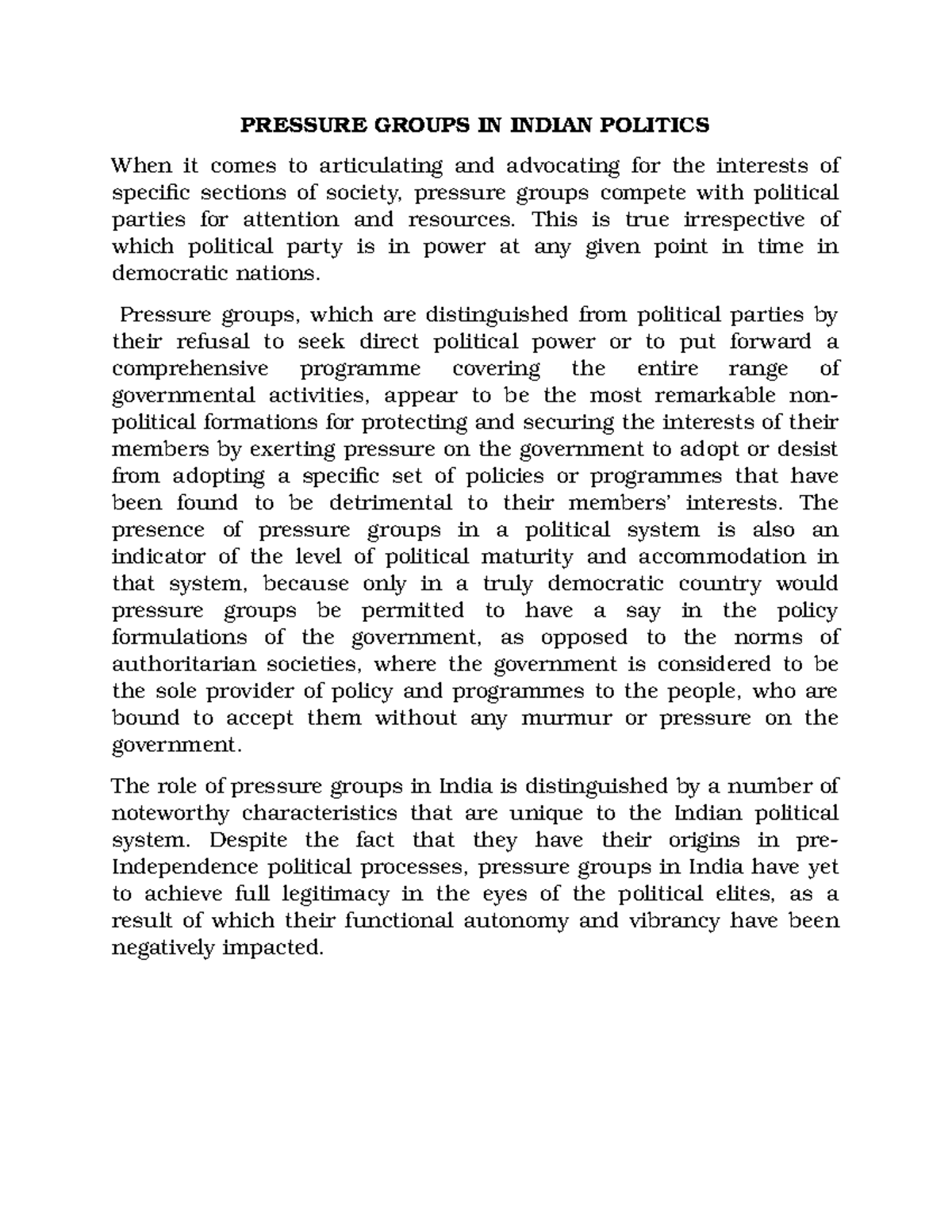Pressure Groups IN Indian Politics - PRESSURE GROUPS IN INDIAN POLITICS