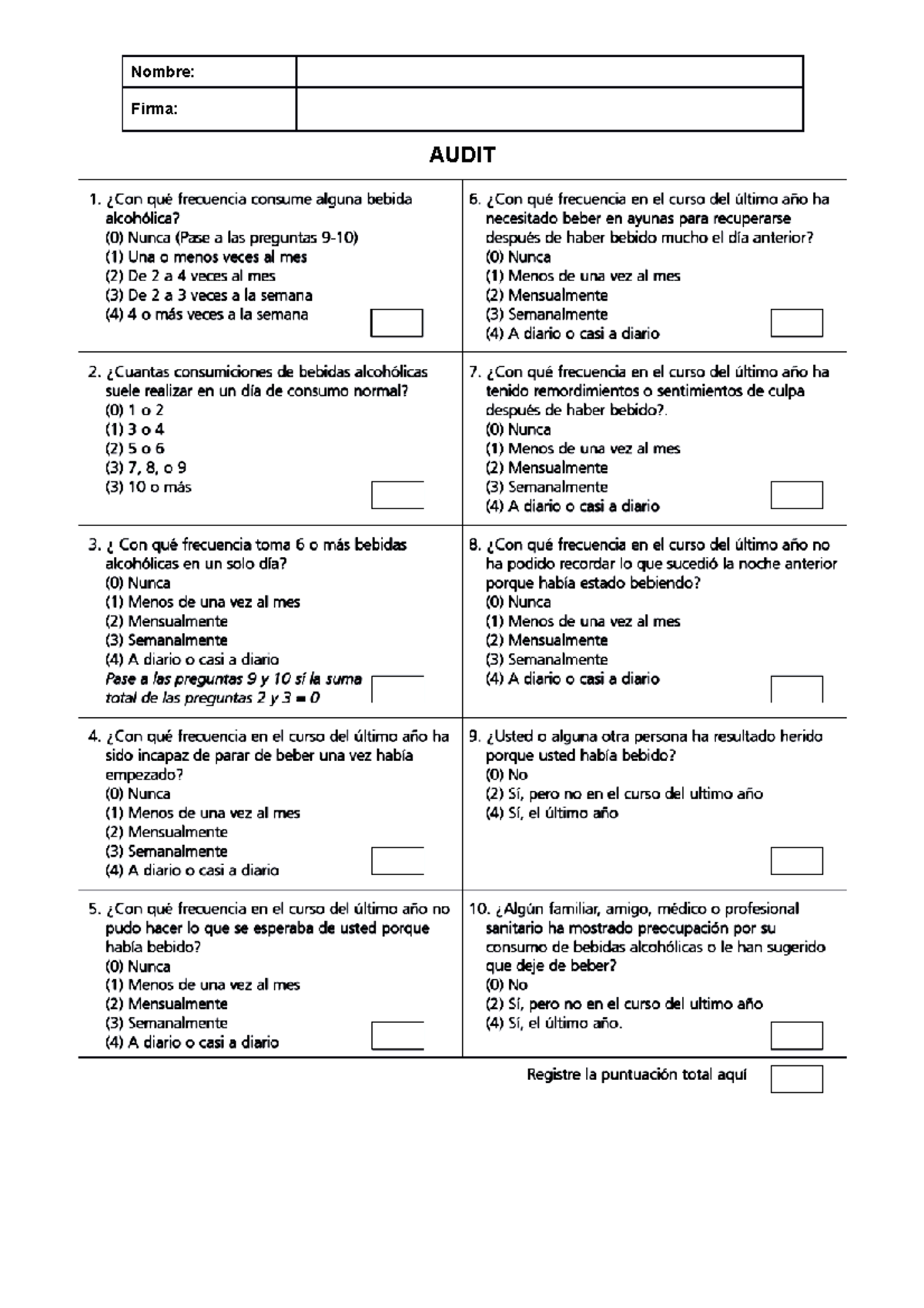 Audit centro de salud test alcohol Psicología Nombre Firma