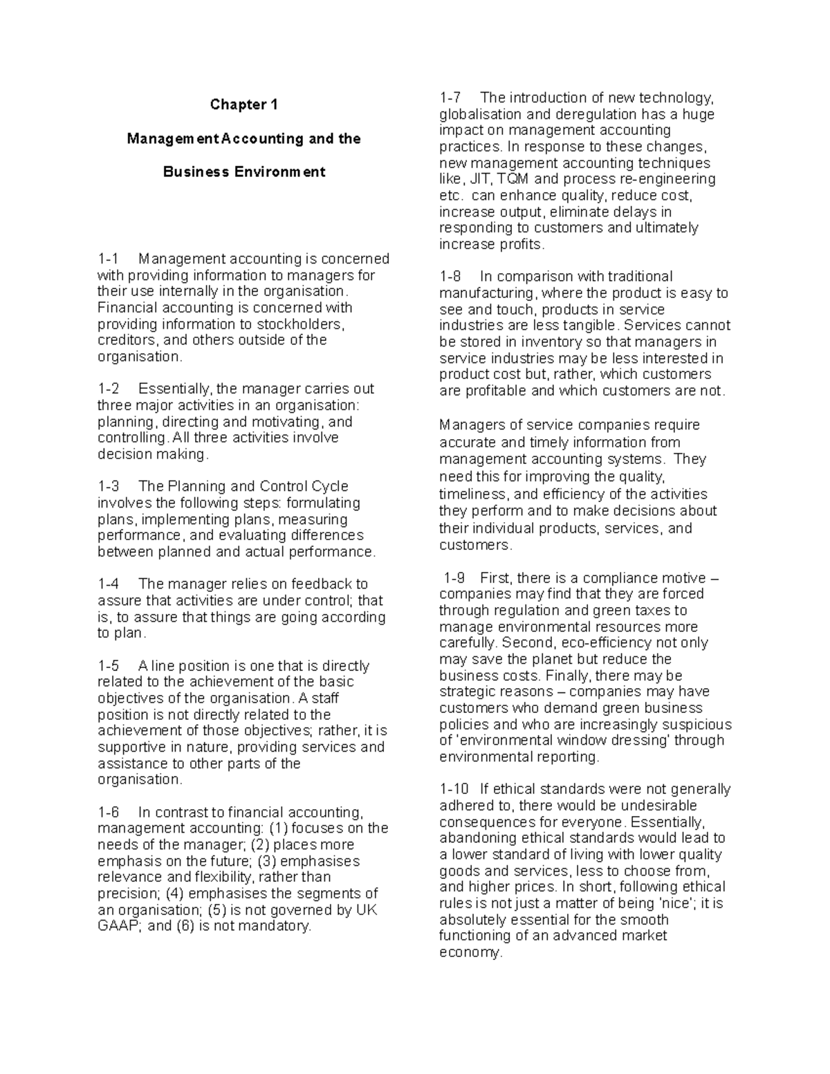 Seal solutions Ch1 - Chapter 1 Management Accounting and the Business ...