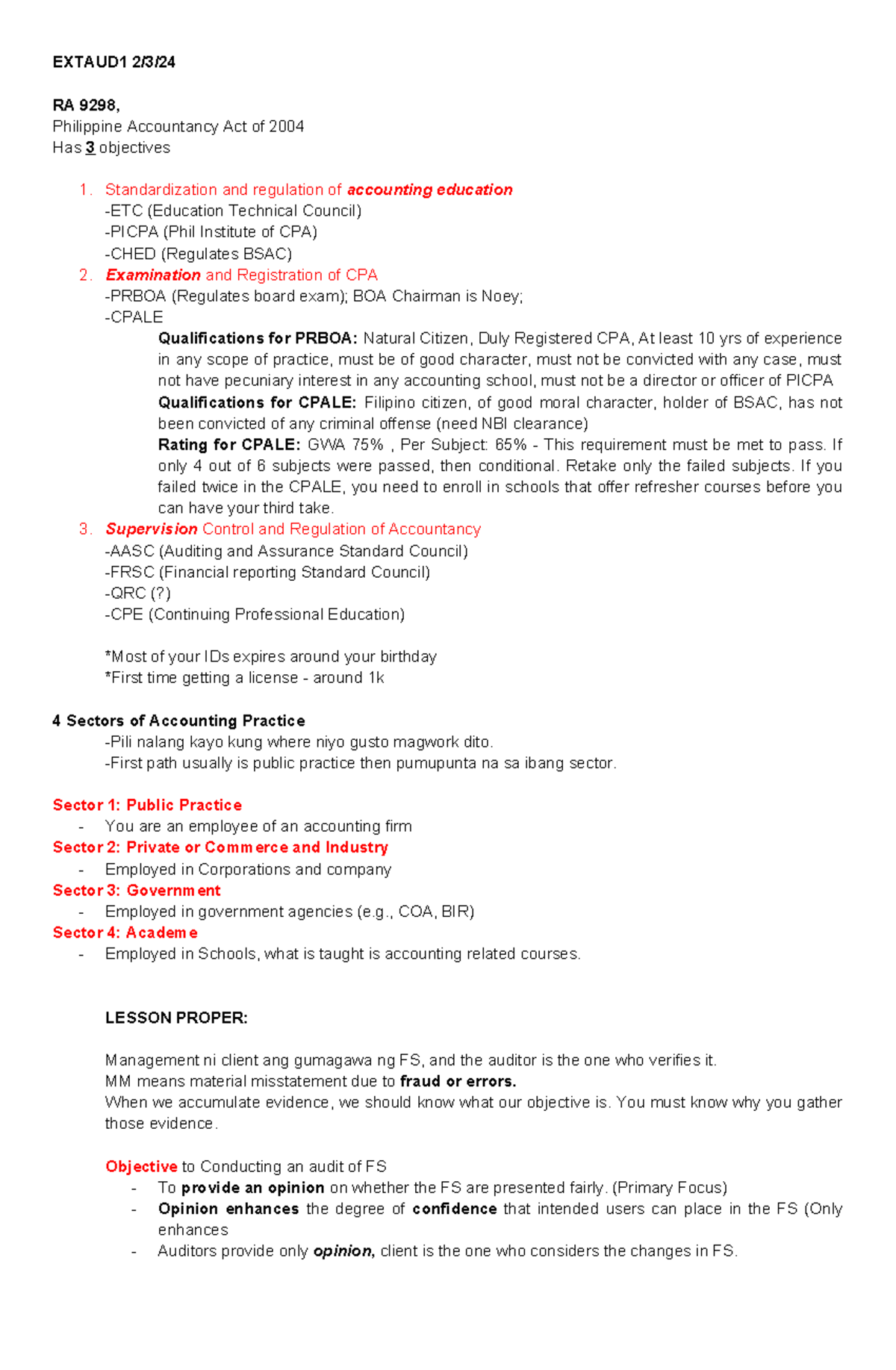 NOTES REVIEWER EXTAUD - EXTAUD1 2/3/ RA 9298, Philippine Accountancy ...