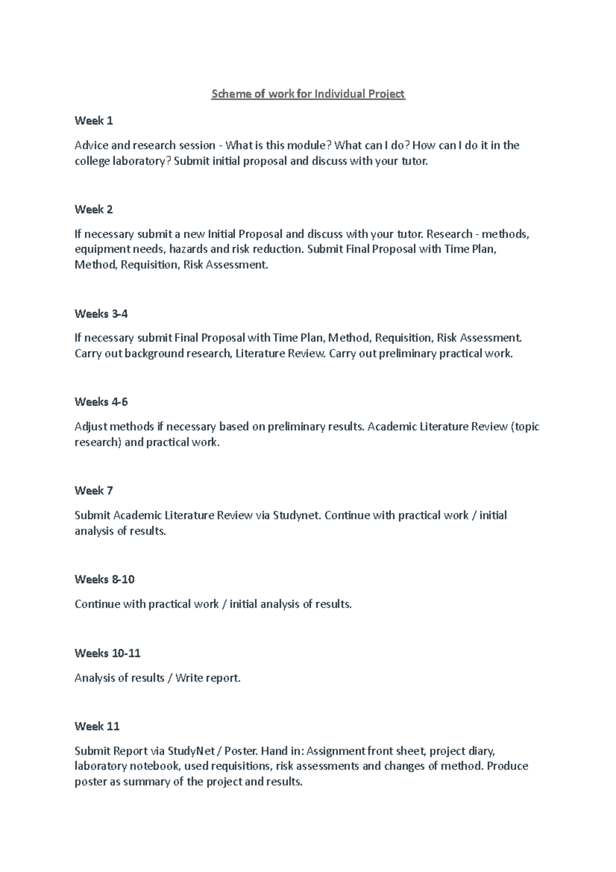 Scheme of work for Individual Project - Week 2 If necessary submit a ...