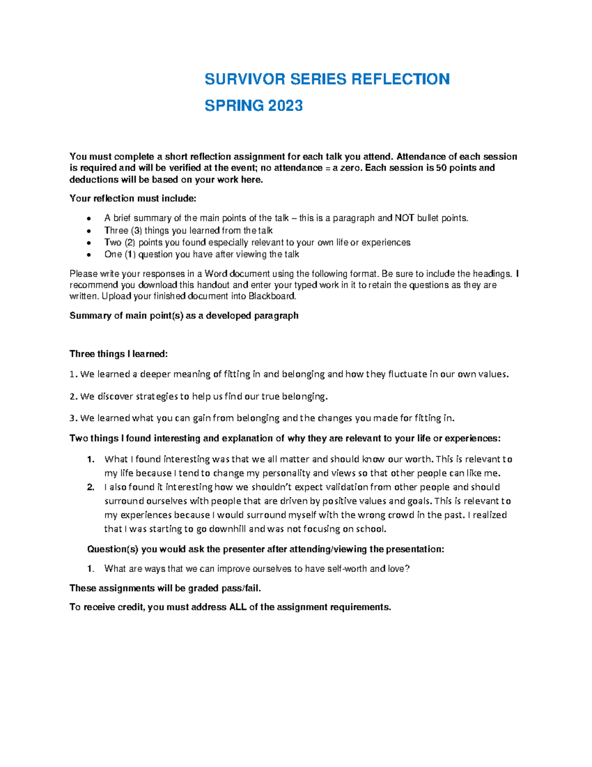 Survivor Series Reflection Questions 416 Survivor Series Reflection Spring 2023 You Must