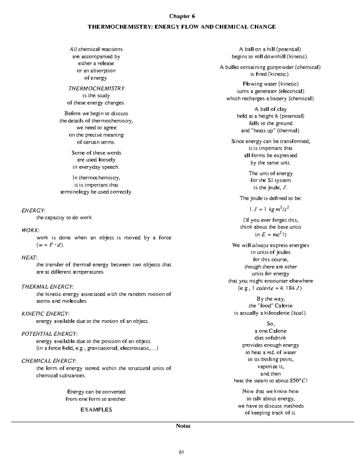 Fall2022Chap6notes - lecture notes - Chapter 6 THERMOCHEMISTRY: ENERGY ...