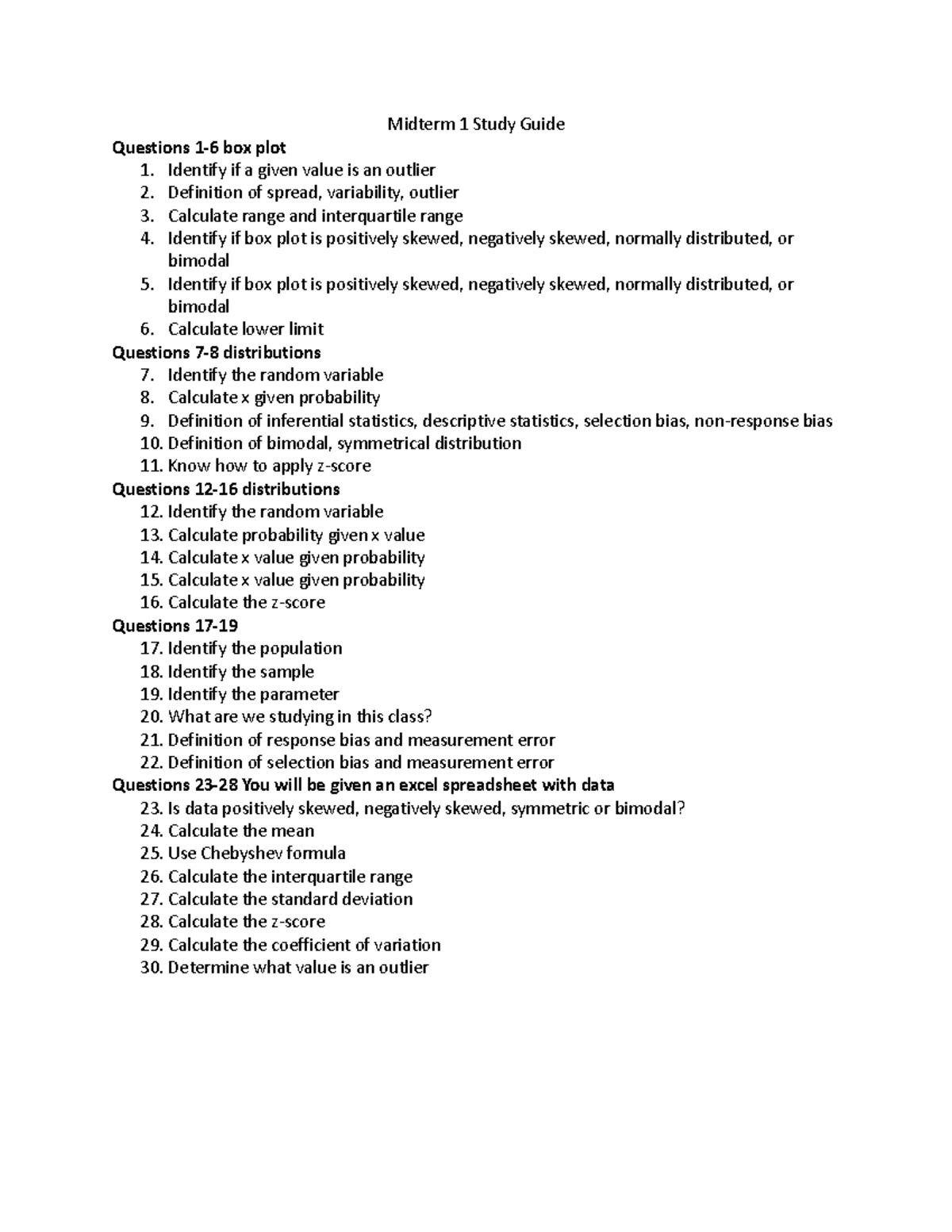 ISDS 361A Midterm 1 Study Guide - Midterm 1 Study Guide Questions 1-6 ...