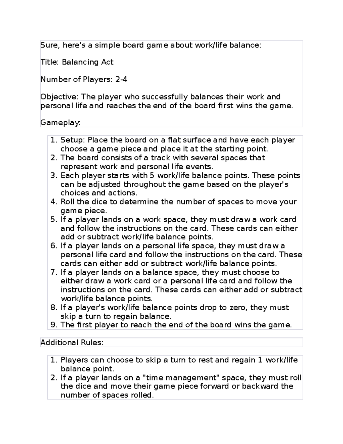 Board game work Sure, here's a simple board game about work/life