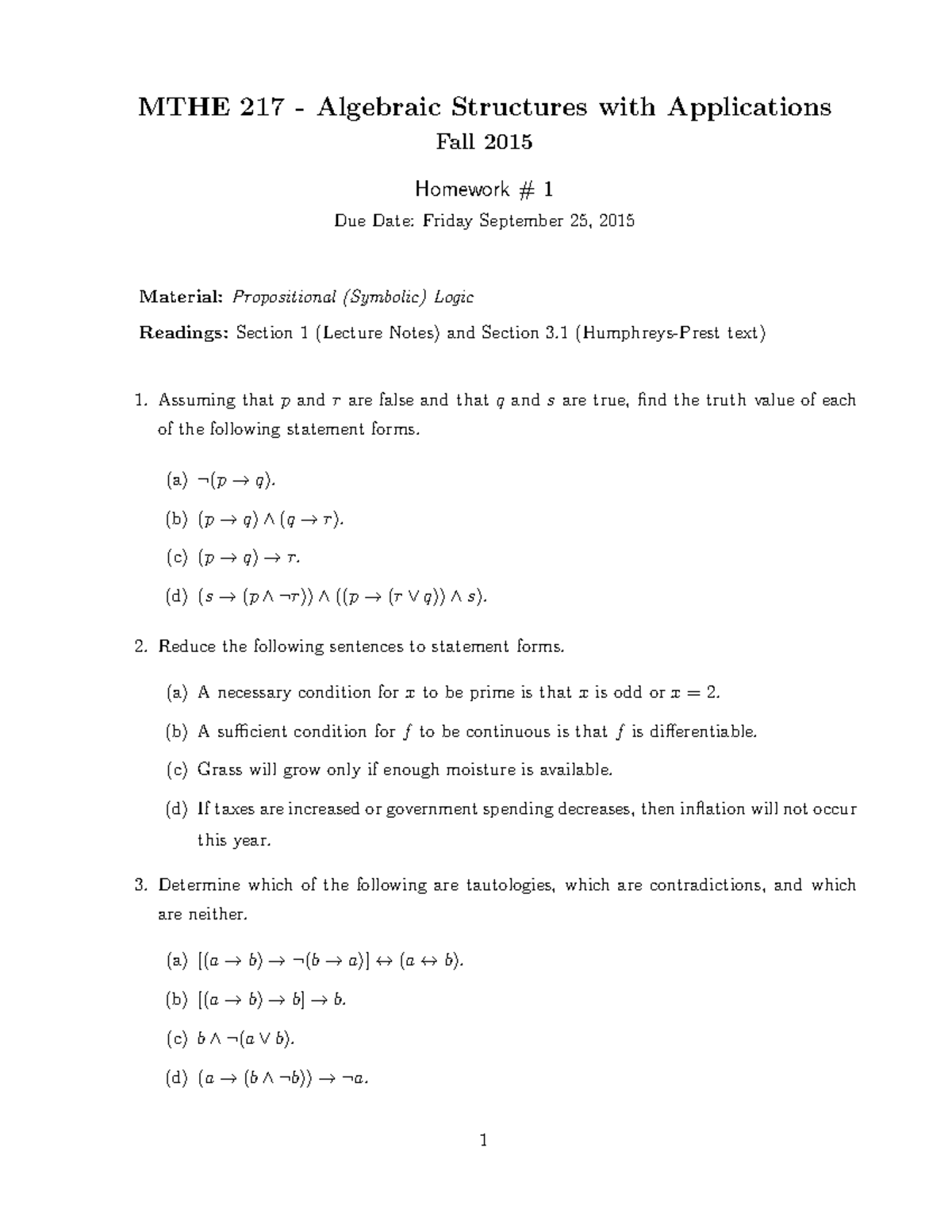 Seminar assignments - homework 1 solutions - MTHE 217 Algebraic ...