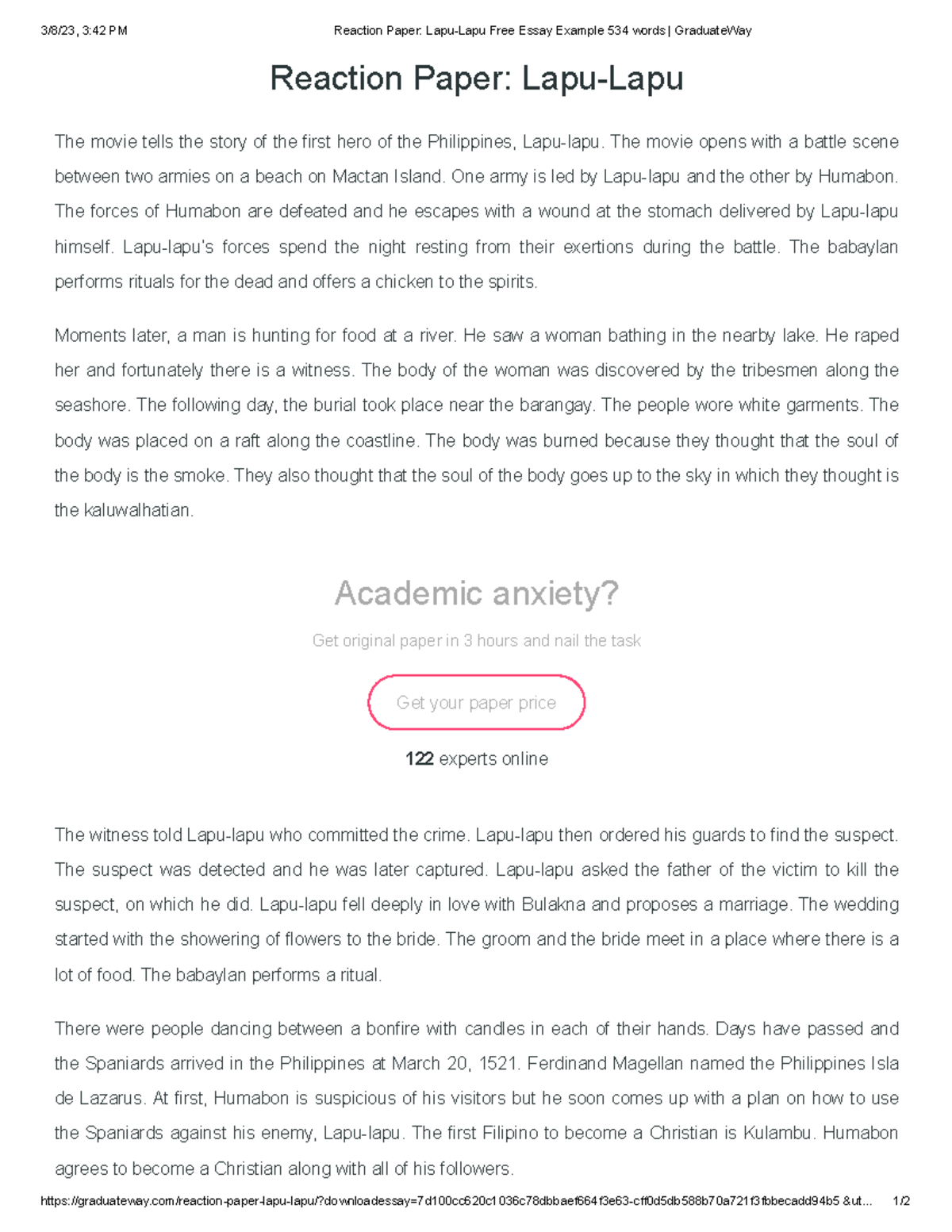 Reaction Paper Lapu-Lapu Free Essay Example 534 words Graduate Way - 3