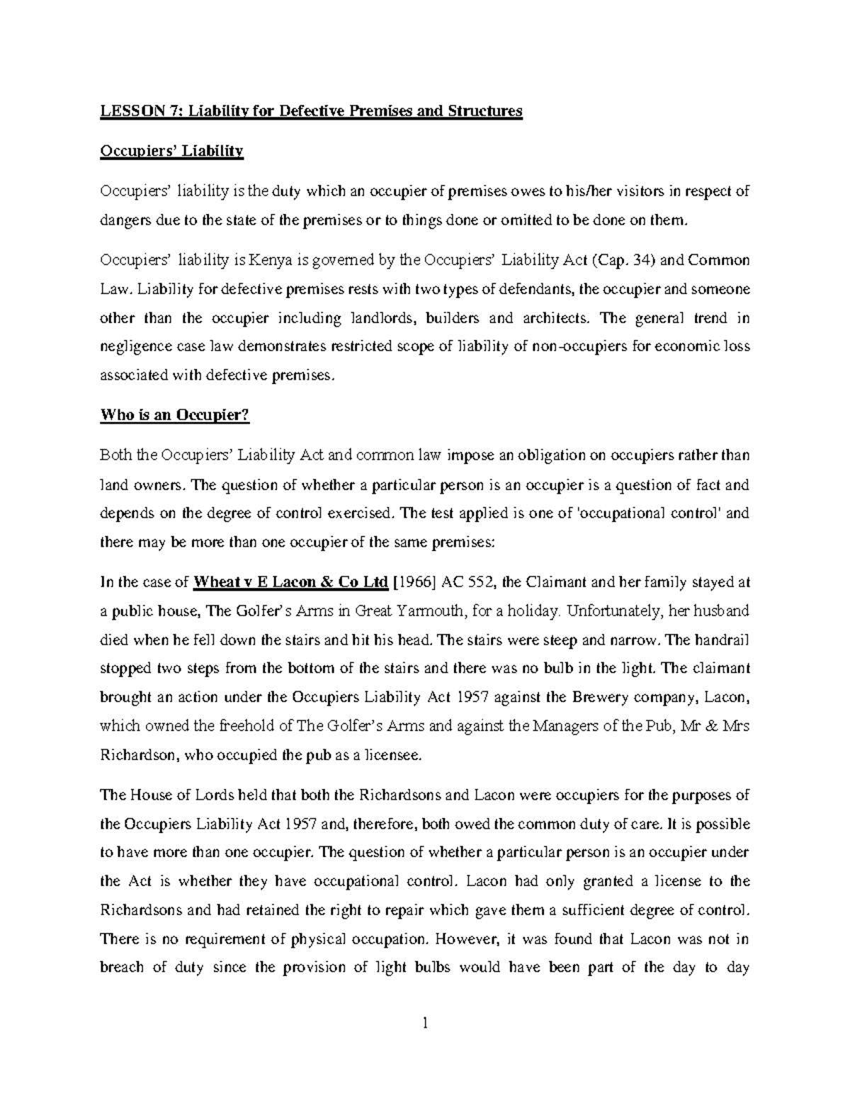 Lecture 7 - Liability for Defective Premises and Structures - LESSON 7 ...