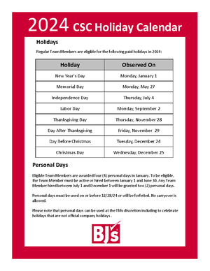 2024 CSC Holiday Calendar - 2024 CSC Holiday Calendar Holiday Observed On  New Year's Day Monday, - Studocu