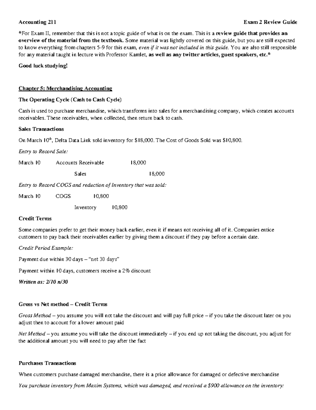 Exam 2 Review Sheet - Accounting 211 Exam 2 Review Guide For Exam II ...