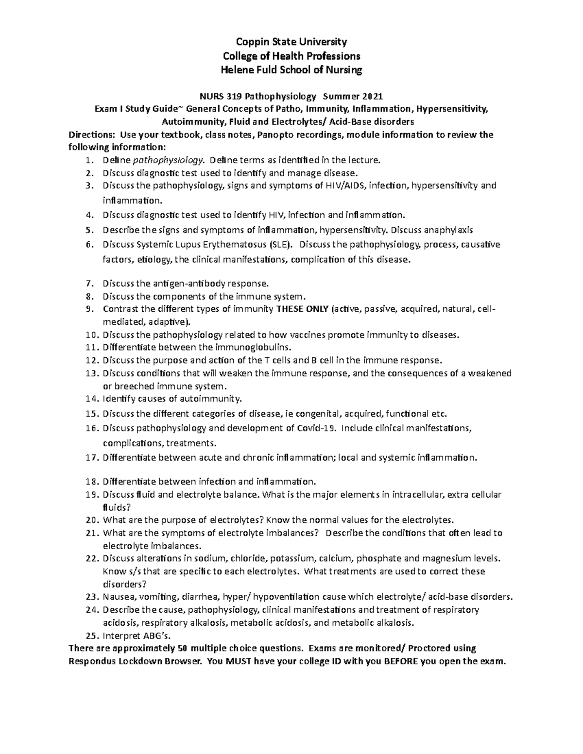 319 exam 1 study guide summer 2021 Coppin State University College of