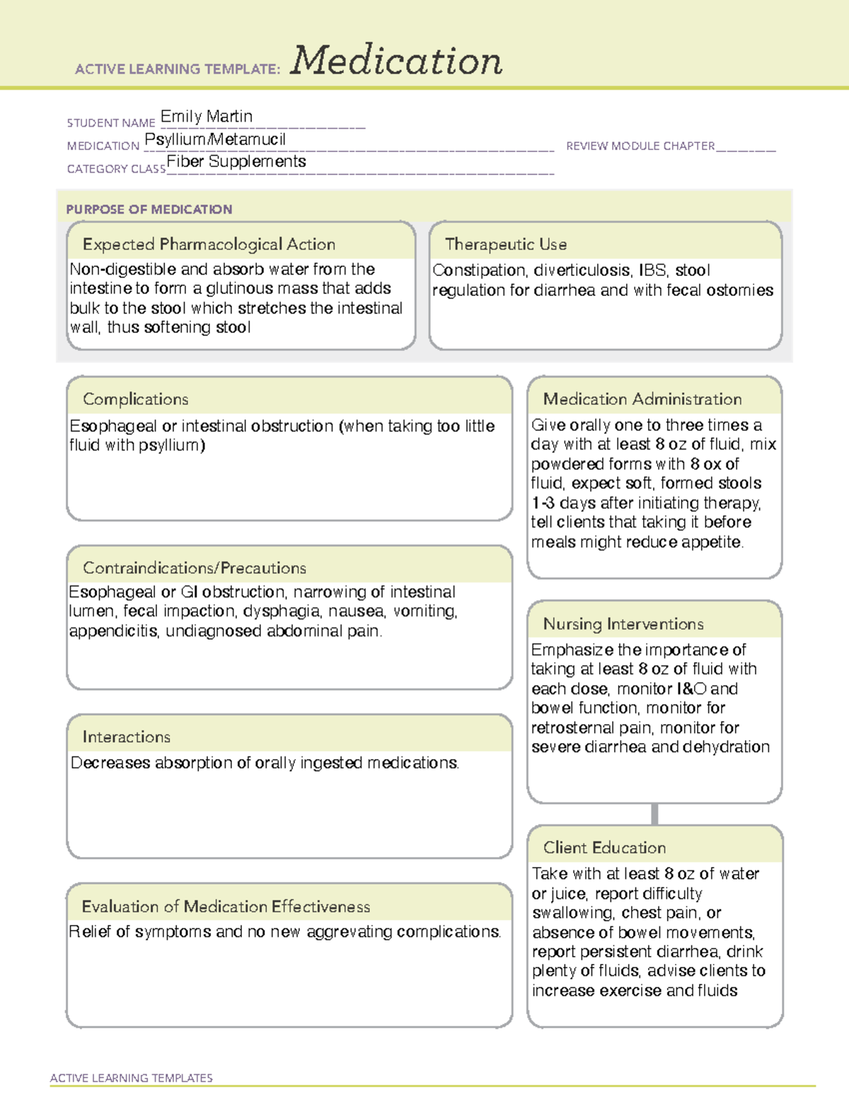 PsylliumMetamucil ATI Gastrointestinal Drug Card Review Template on