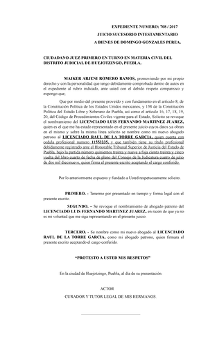 Escrito Revocando Abogado - EXPEDIENTE NUMERO: 708 / 2017 JUICIO SUCESORIO  INTESTAMENTARIO A BIENES - Studocu