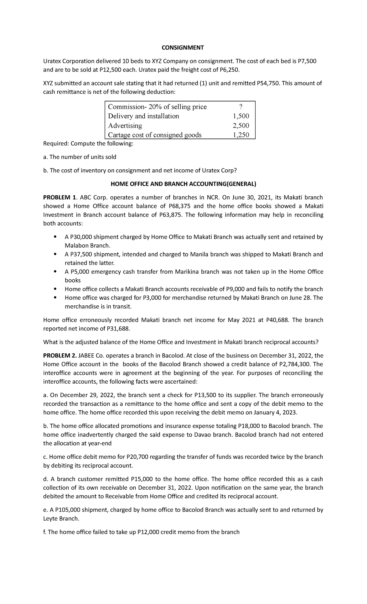 Consignment AND HOME Office CONSIGNMENT Uratex Corporation delivered 10 beds to XYZ Company on