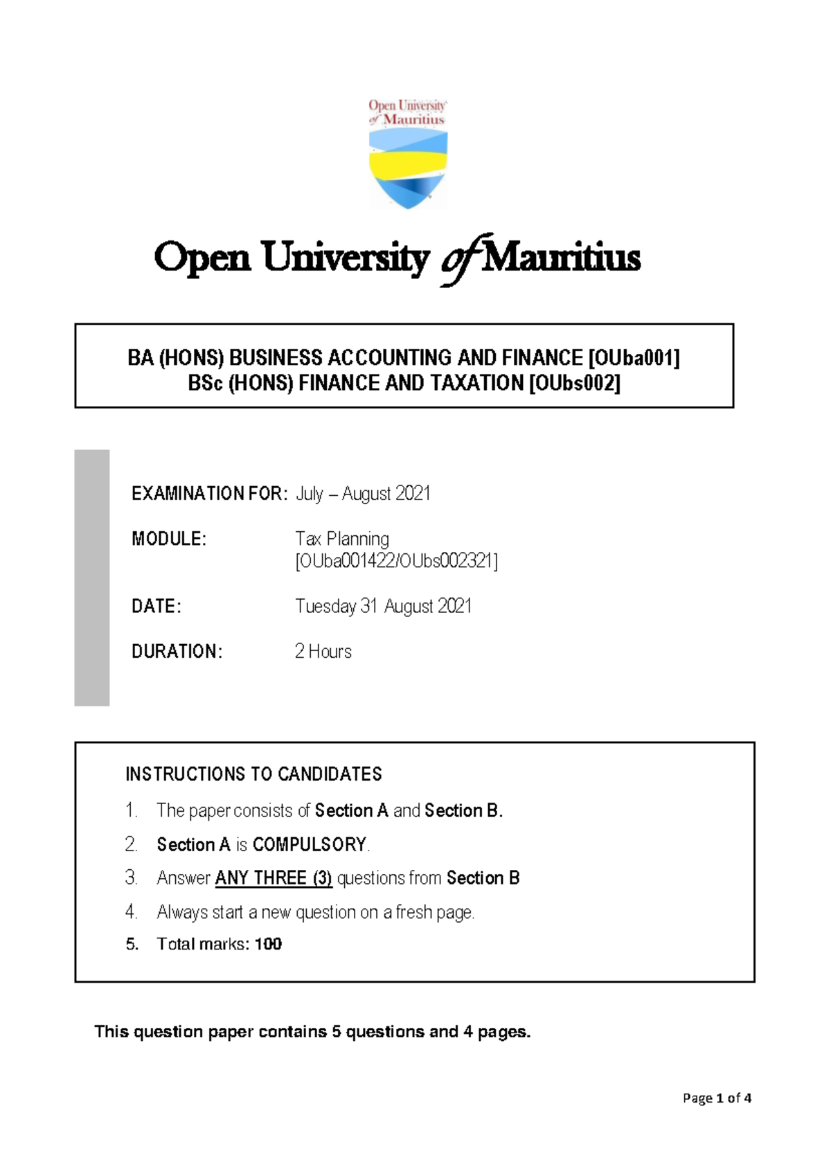 TAX Planning Tax Open University of Mauritius BA (HONS) BUSINESS