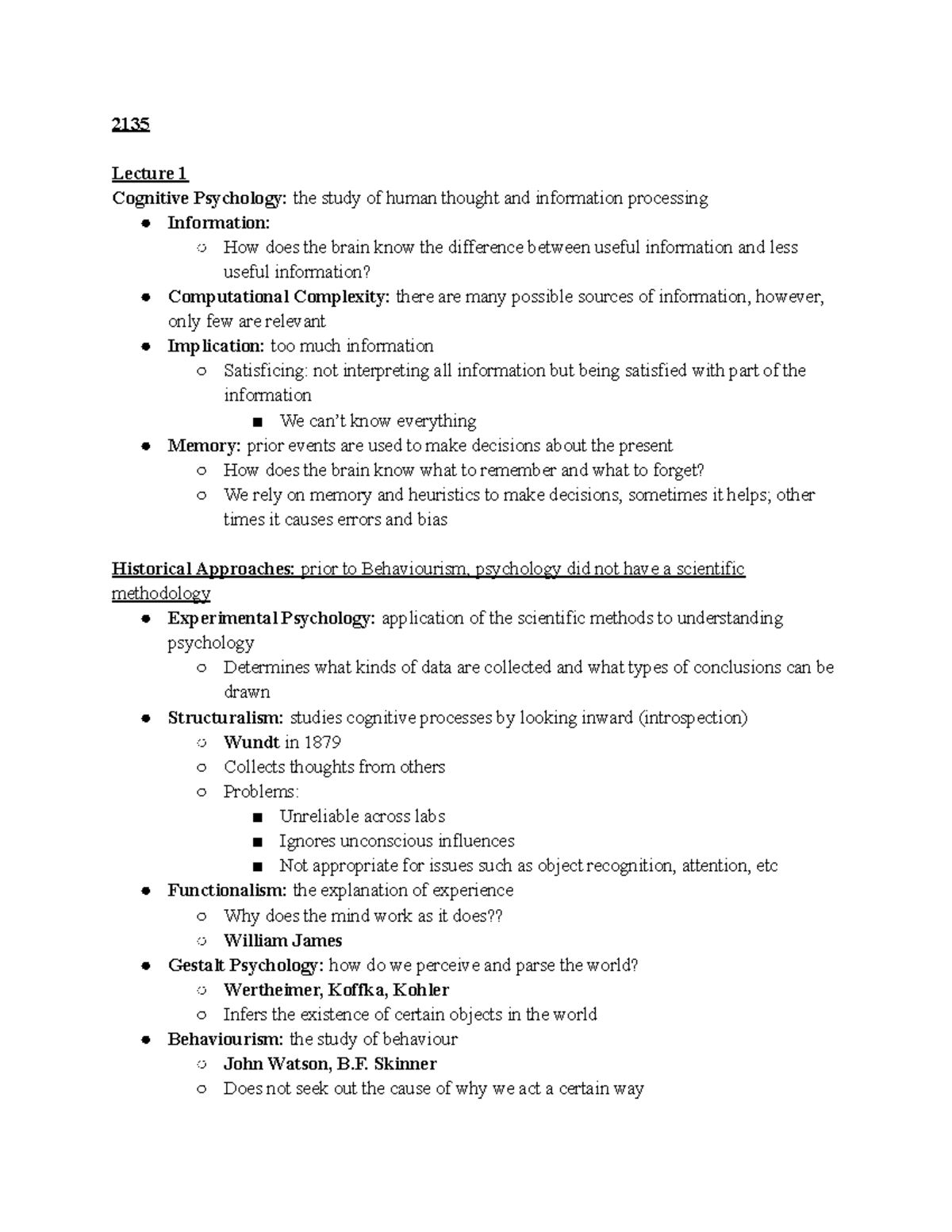 2135 lecture notes - 2135 Lecture 1 Cognitive Psychology: the study of ...