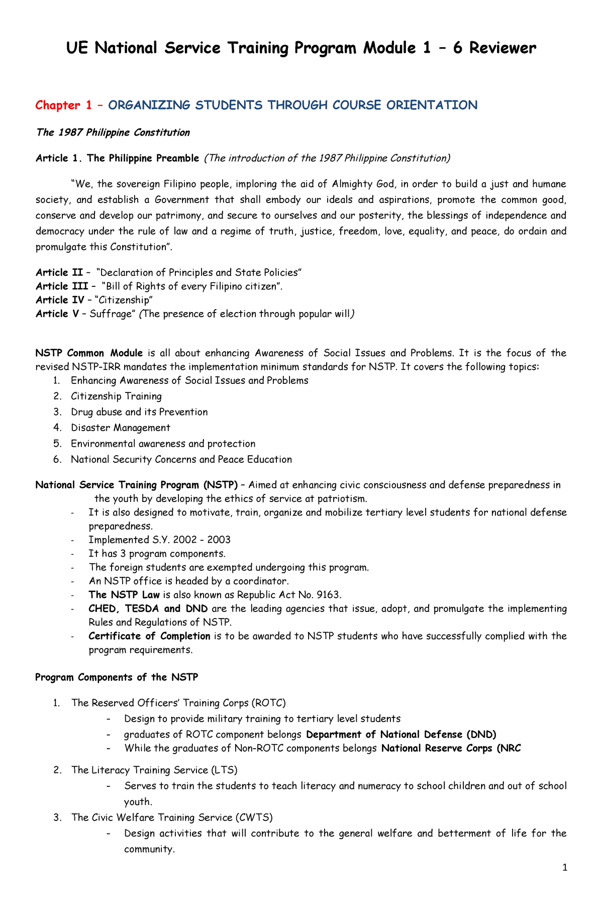 NSTP1 Common Module Exam Reviewer - UE National Service Training ...