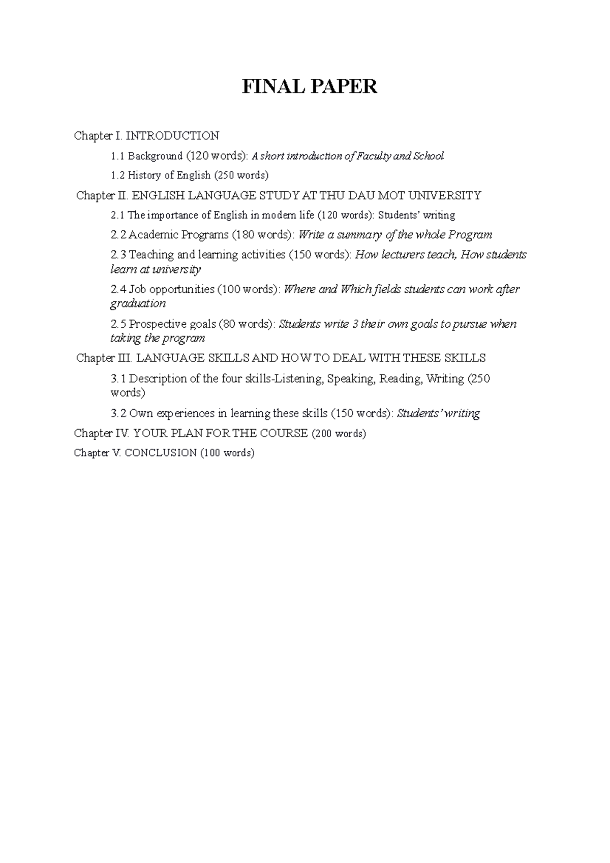 Format of final essay - tổng kết nhập môn - FINAL PAPER Chapter I ...