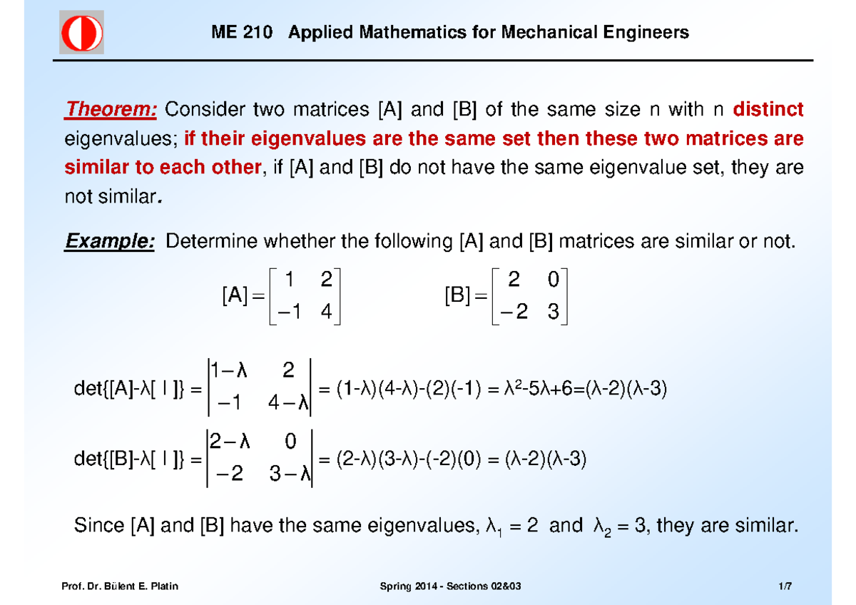 ME210-14S-Week05-Linear Algebra - Mechanical Design - METU - Studocu