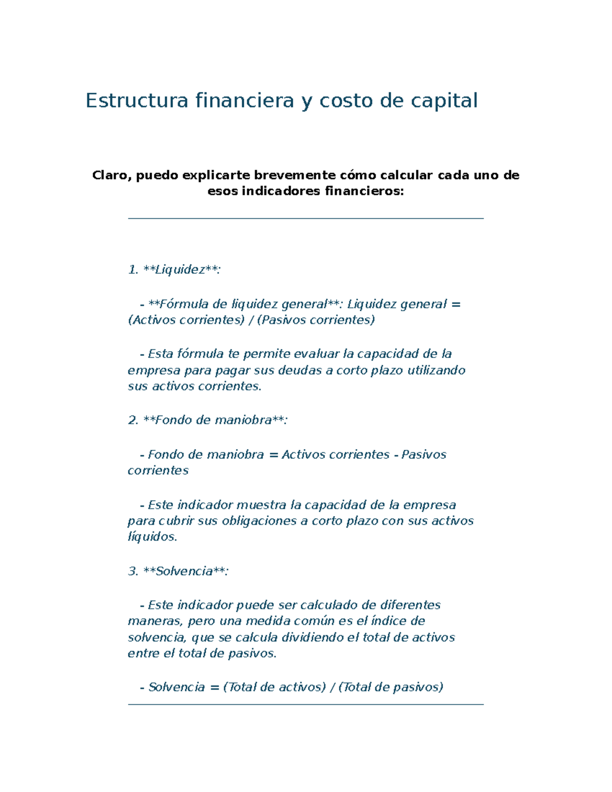 Estructura Financiera Y Costo De Capital Fondo De Maniobra Fondo De