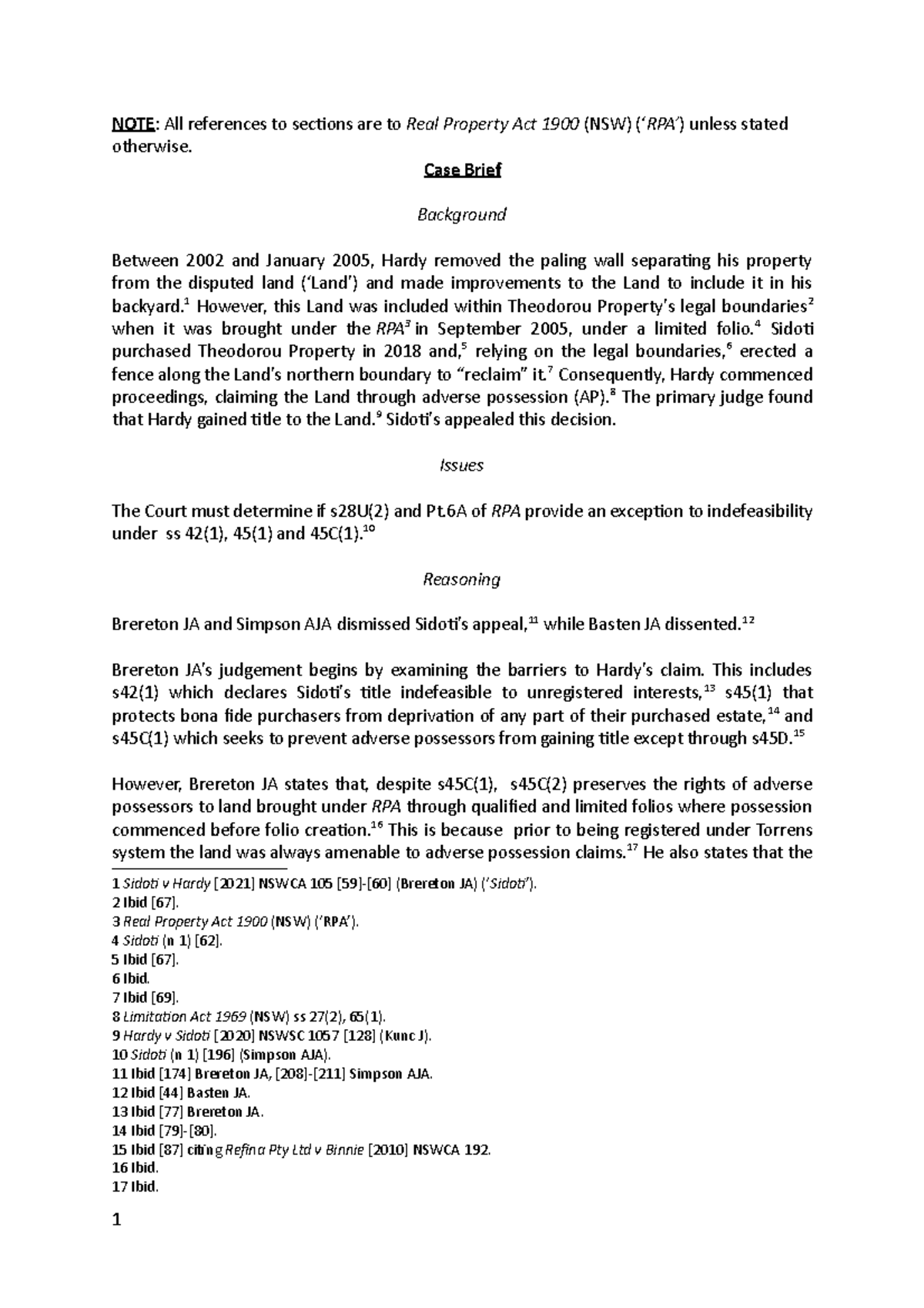 LAWS2383 Midterm Assignment Case Note - NOTE: All references to ...