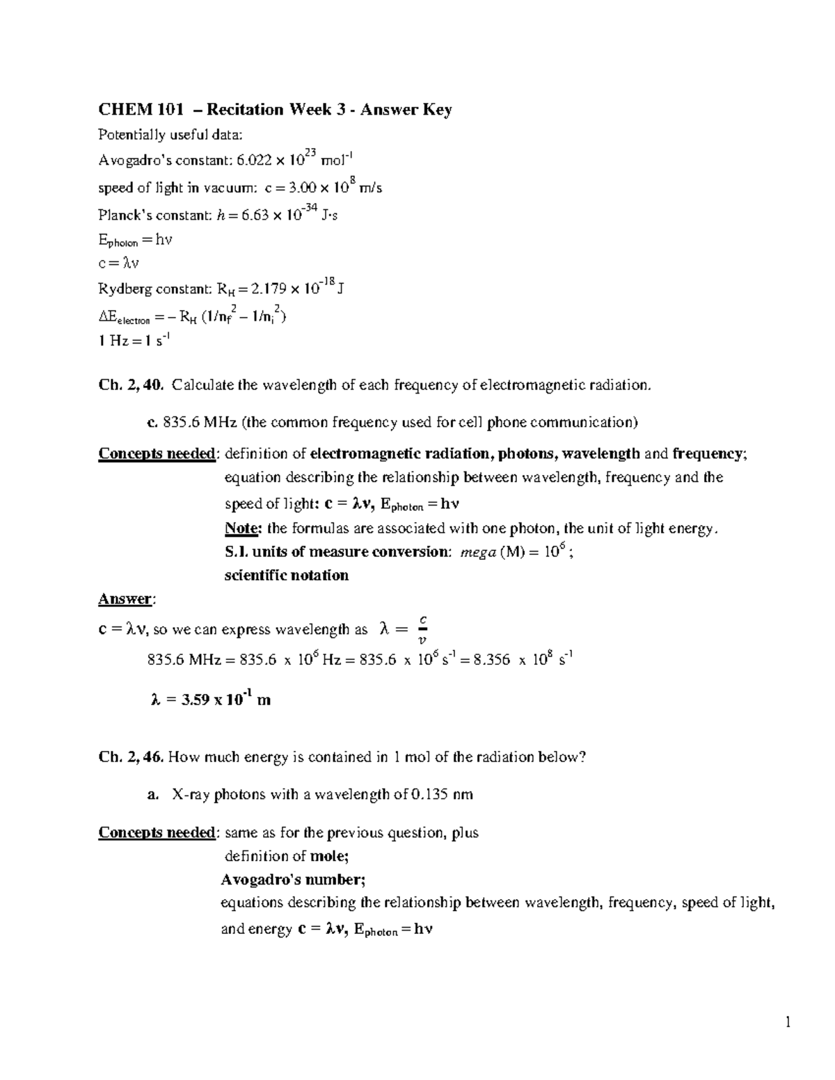 CHEM 101 Recitation Week 3 Answers Key - CHEM 101 – Recitation Week 3 ...