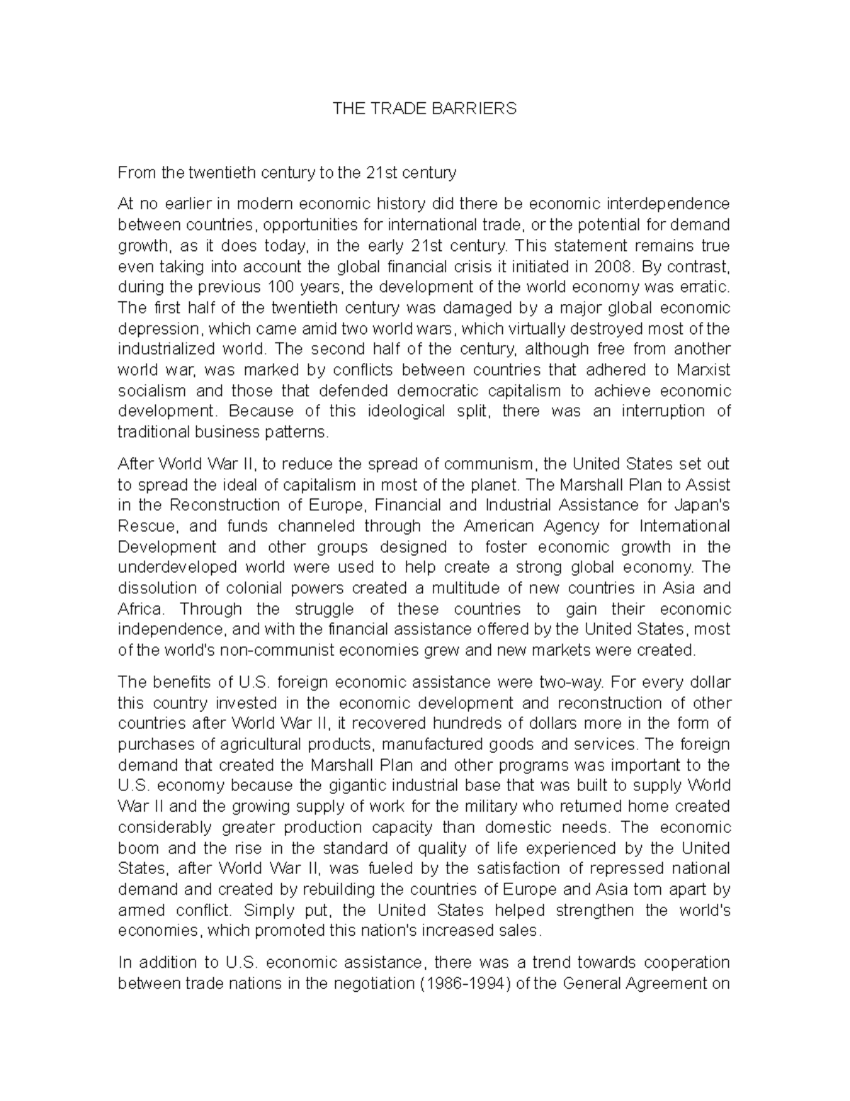 THE TRADE BARRIERS THE TRADE BARRIERS From the twentieth century to