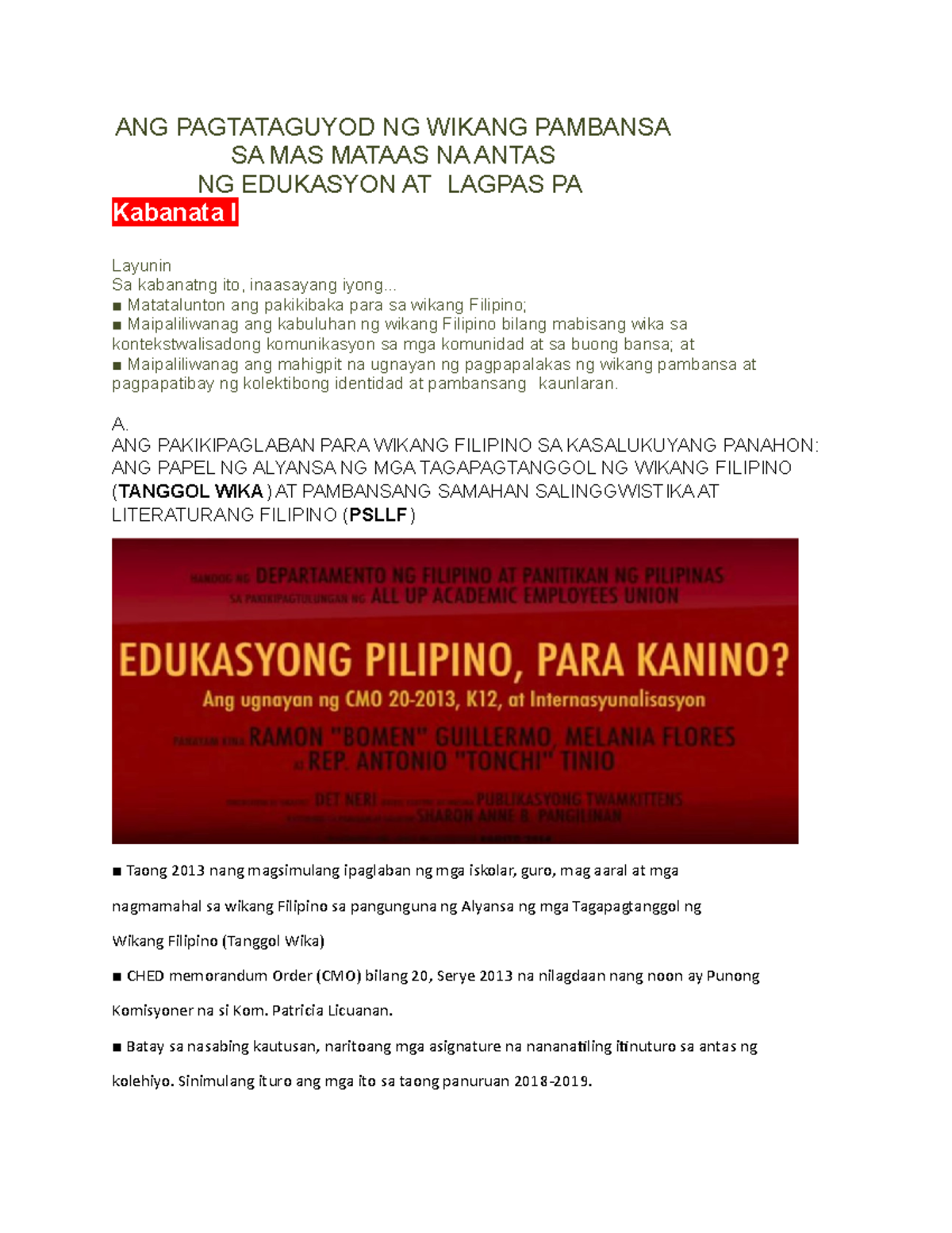 Kabanata I - notes - ANG PAGTATAGUYOD NG WIKANG PAMBANSA SA MAS MATAAS ...