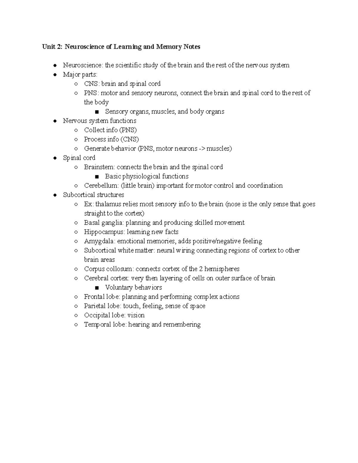 Unit 2 Neuroscience of Learning and Memory - .. brains vary in overall ...