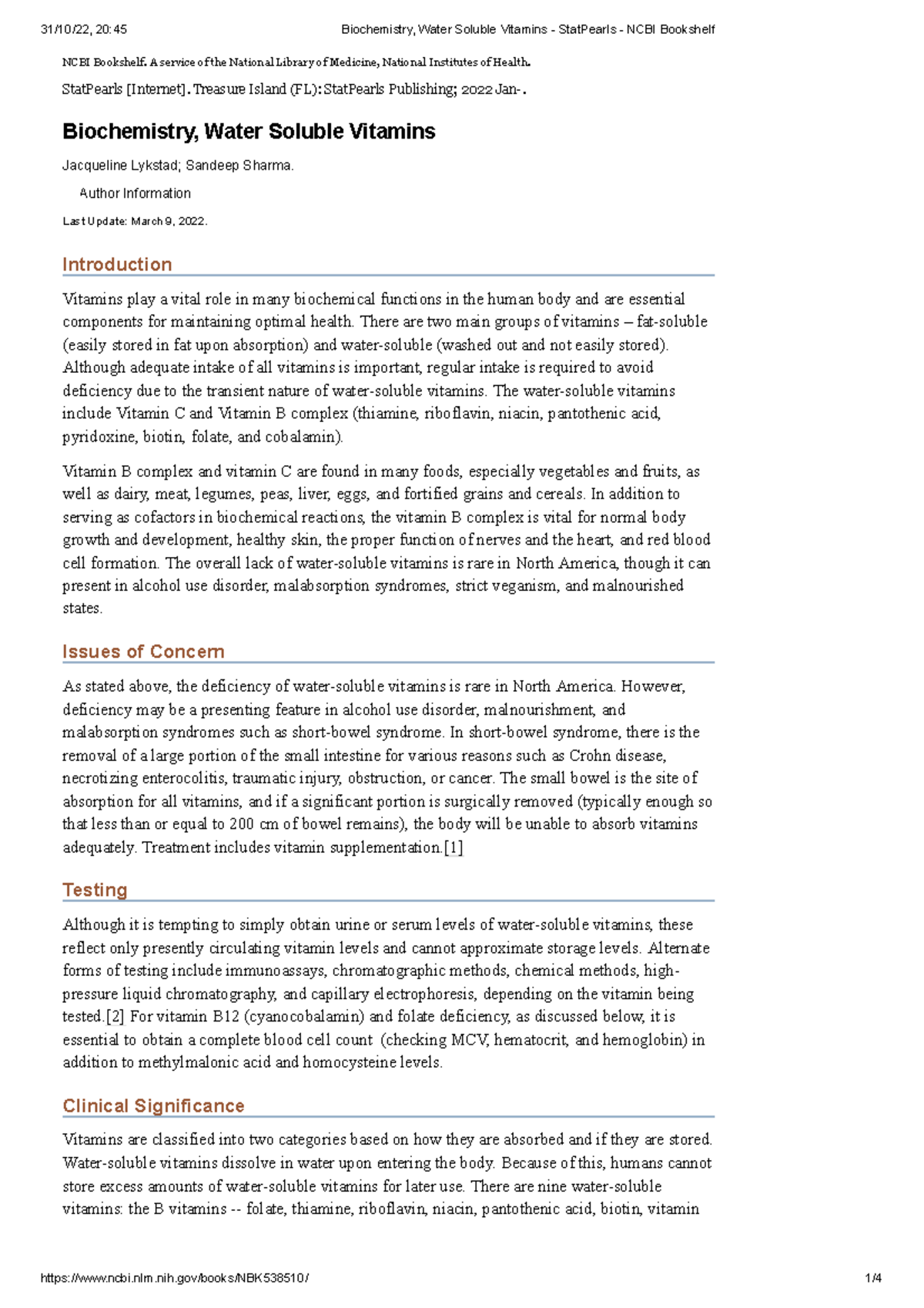 Biochemistry, Water Soluble Vitamins - Stat Pearls - NCBI Bookshelf ...