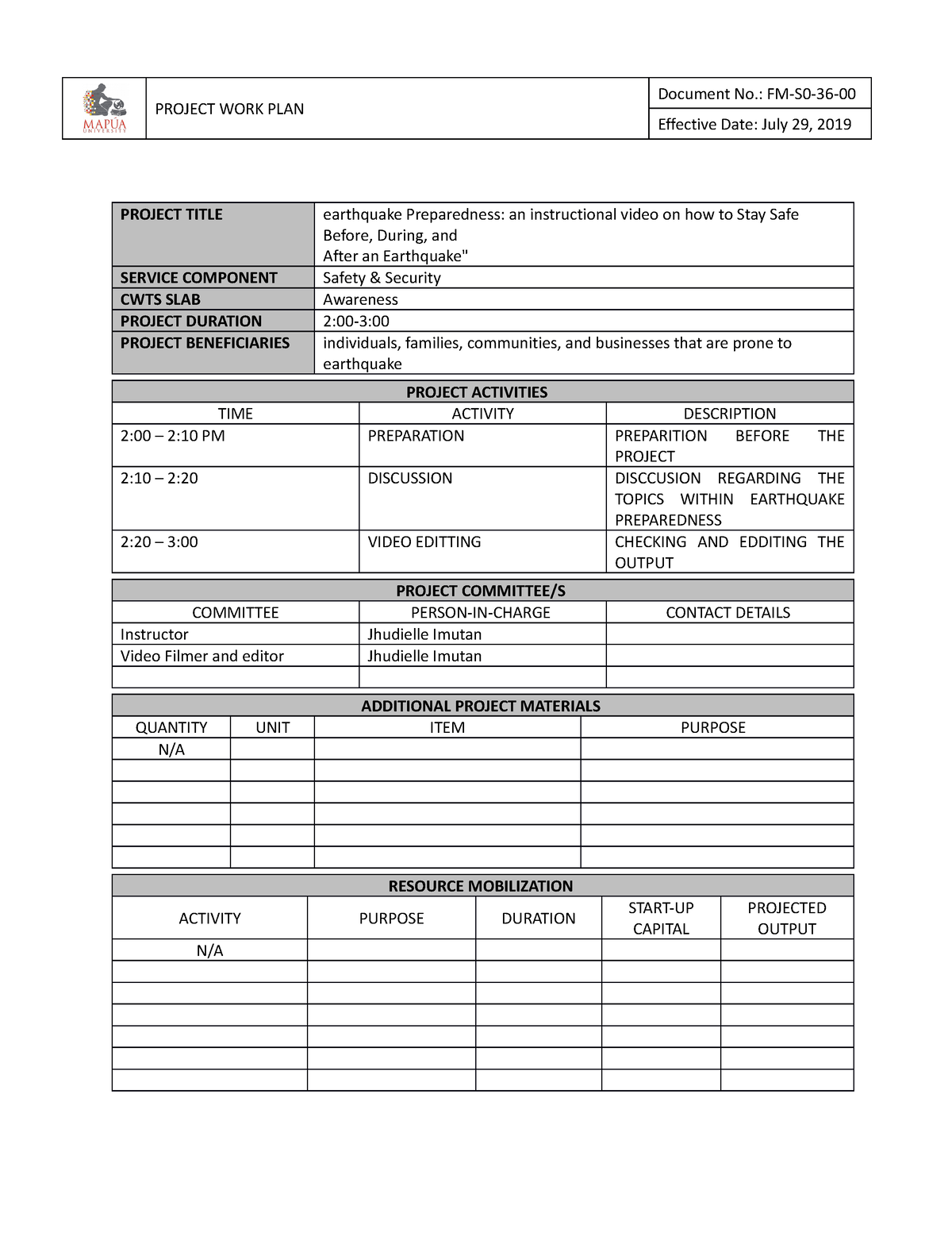 Project Work Plan - N A - Project Work Plan Document No.: Fm-s0-36 