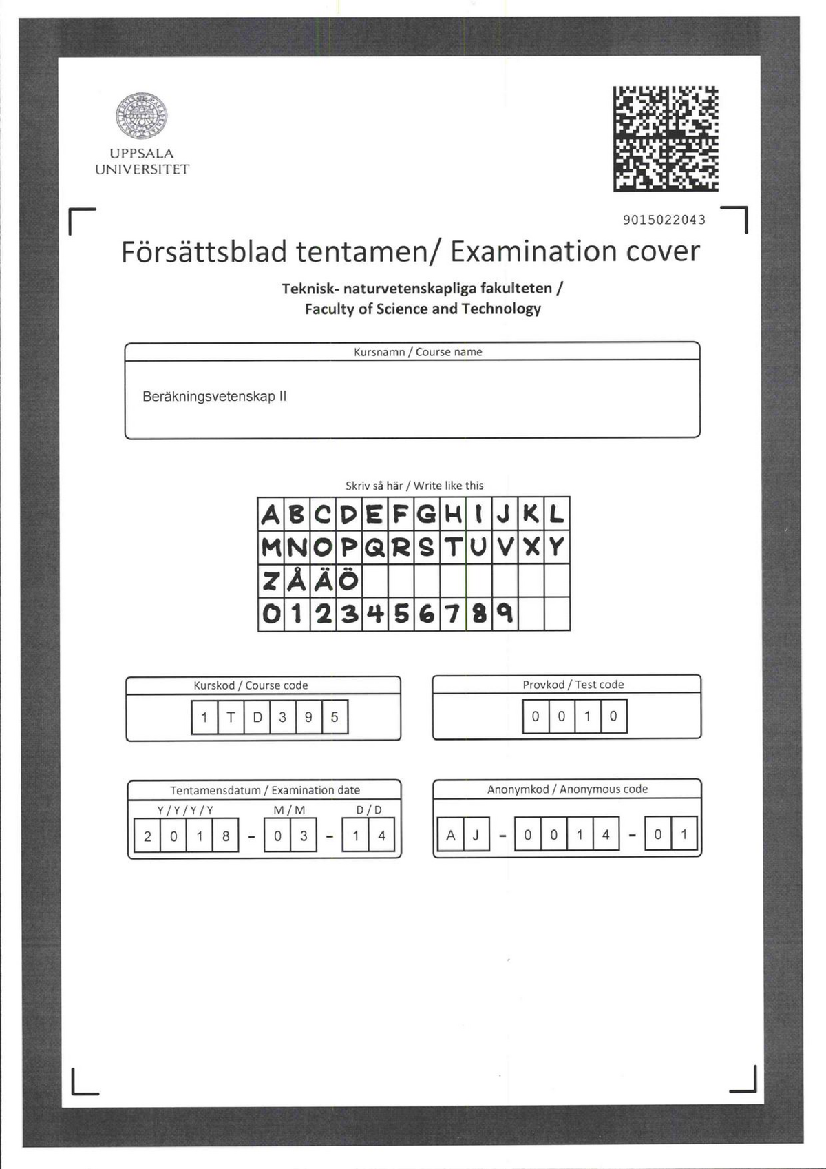 Tenta 14 Mars, Svar - UPPSALA UNIVERSITET Examination Cover ...